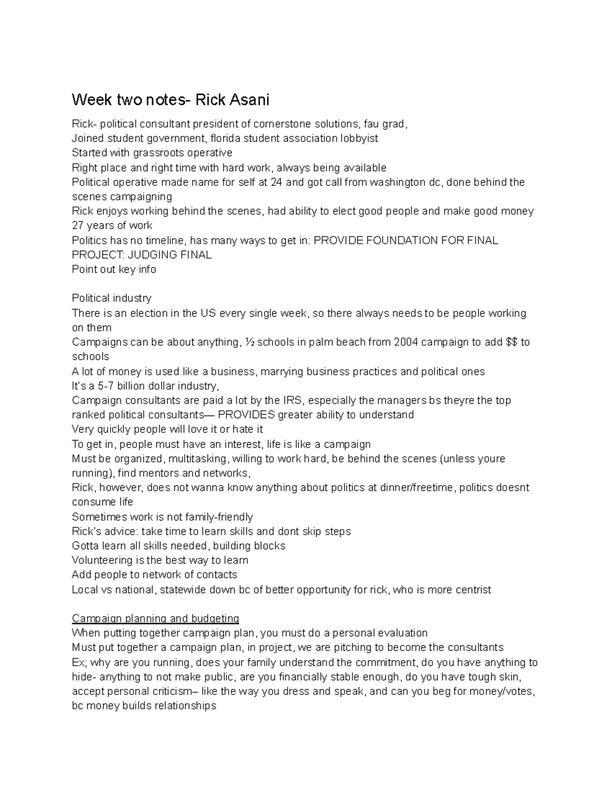 Week Two Lecture Notes on Campaign Strategies - POL 201 - Studocu