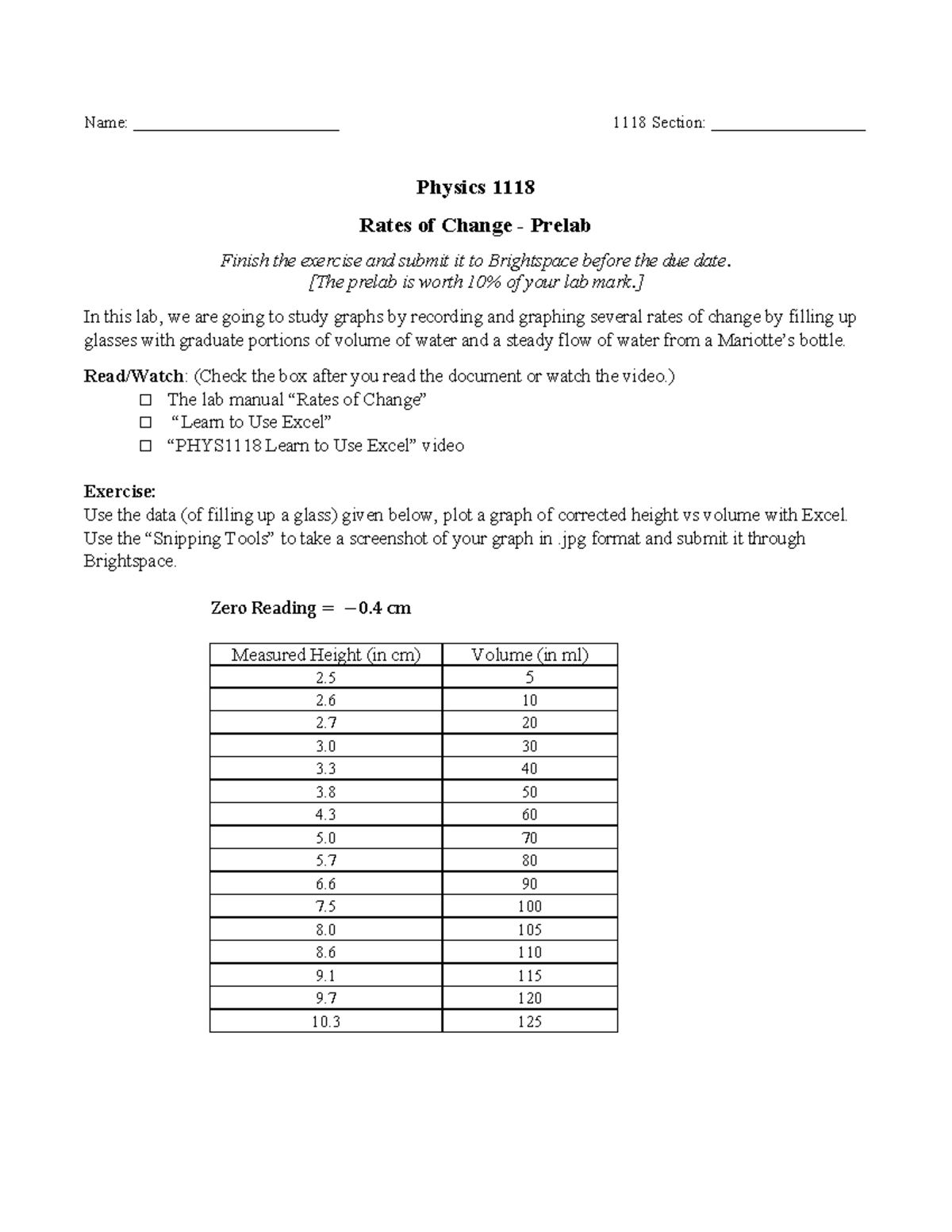 Phys1118 Prelab: Rates of Change in Physics Lab - Studocu