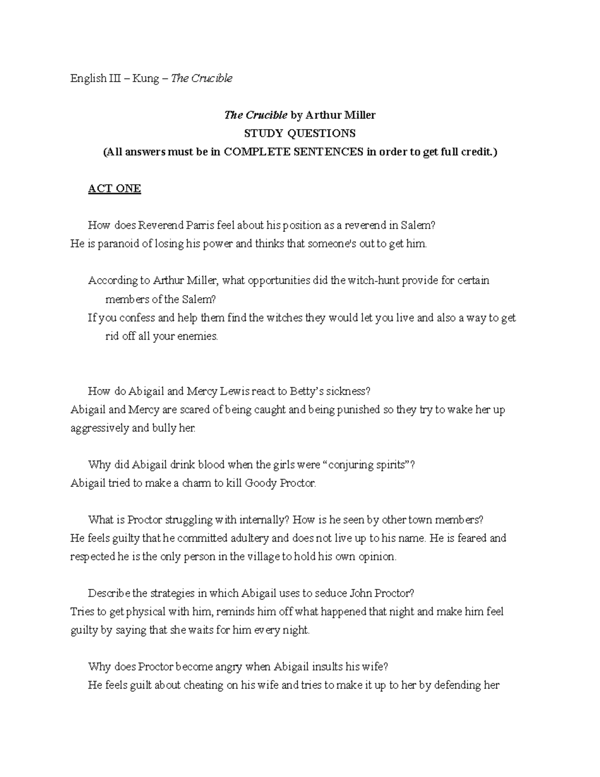 The Crucible (ENG 101) Study Questions and Answers - Studocu