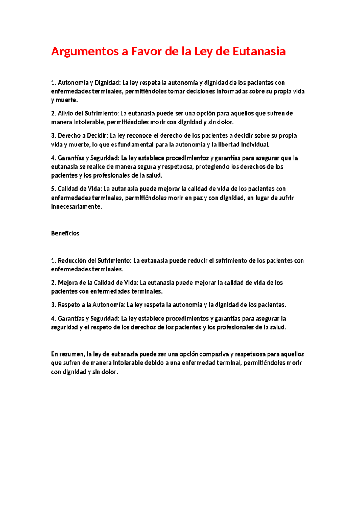 Argumentos a Favor de la Ley de Eutanasia: Autonomía y Dignidad - Studocu
