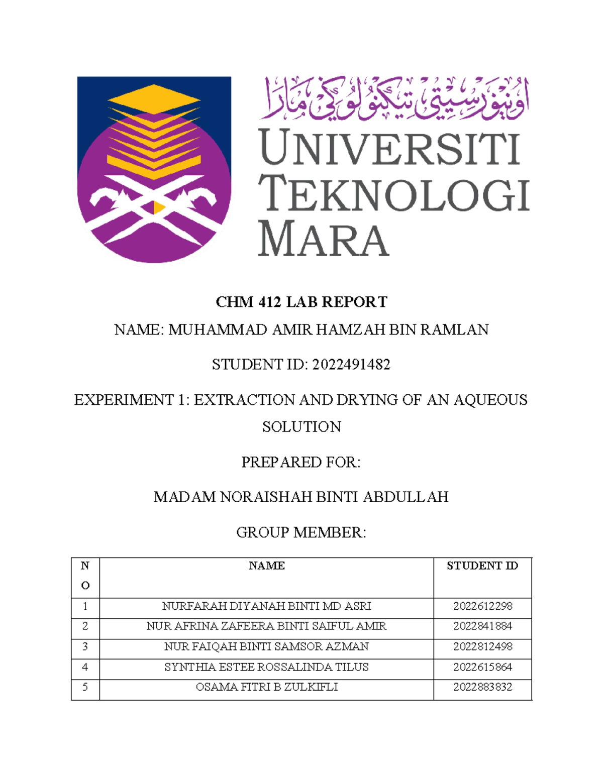 Lab Report CHM 412: Experiment 1 - Aqueous Solution Extraction - Studocu