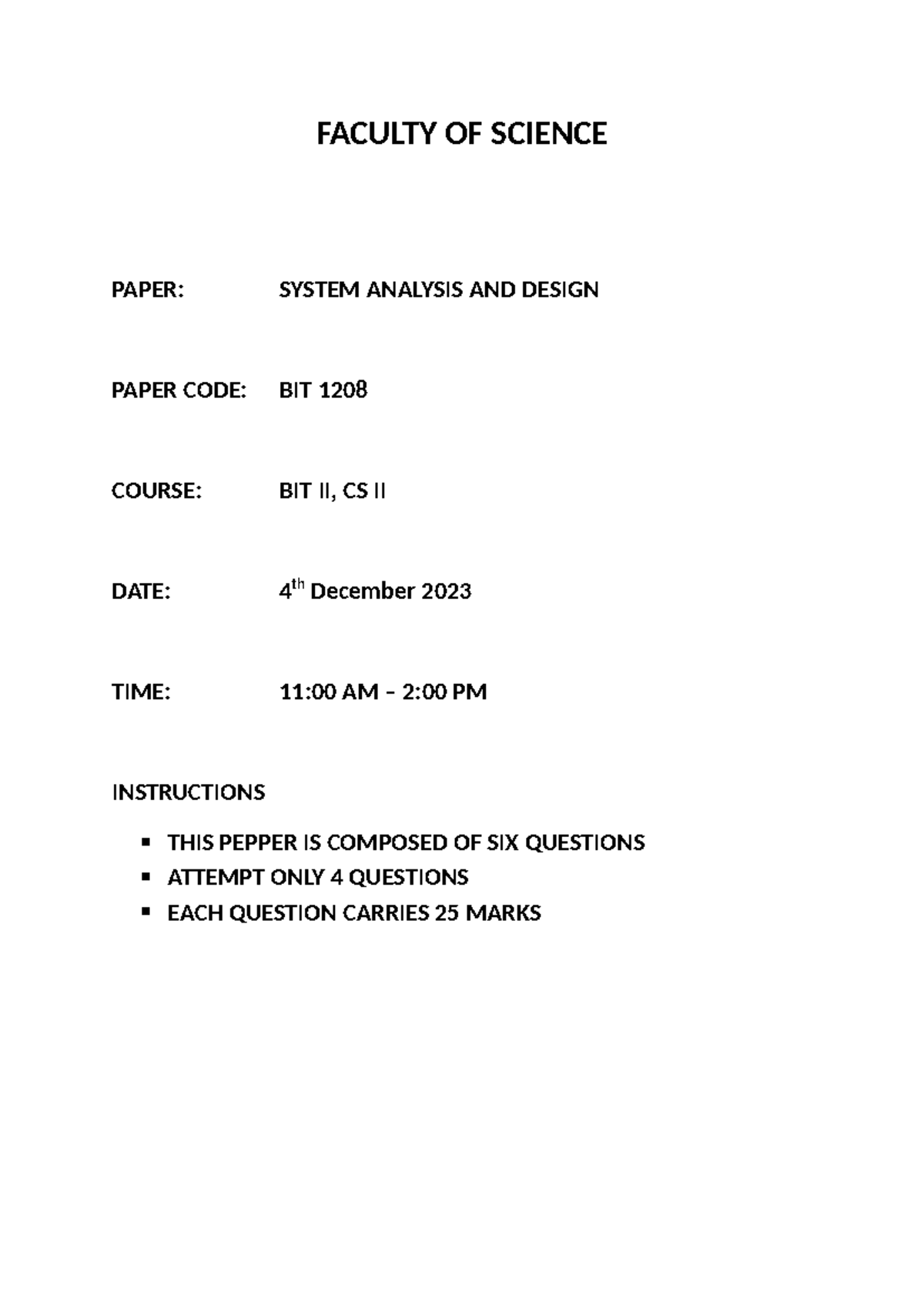 System Analysis and Design (BIT 1208) Final Exam Questions - Studocu