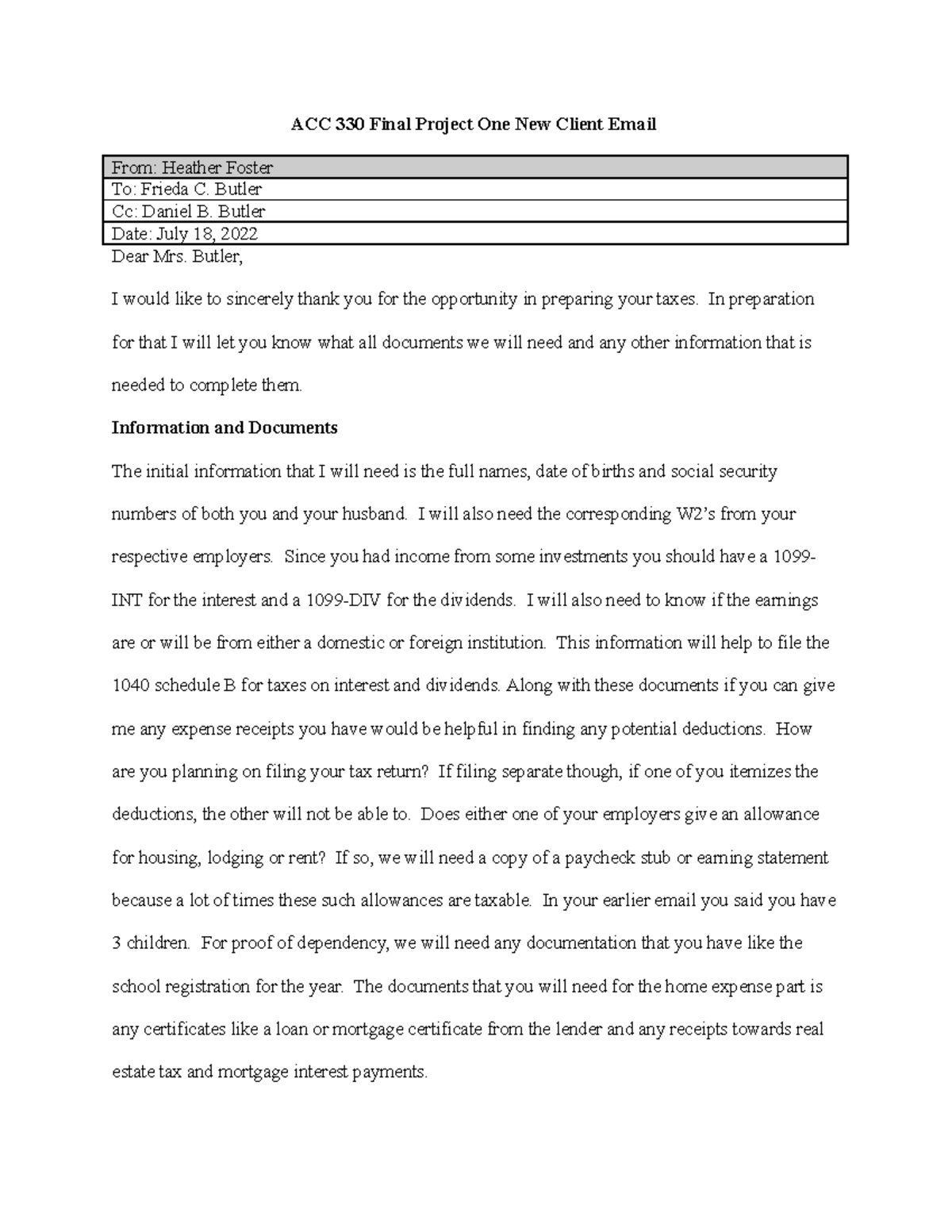 ACC 330 Final Project One New Client Email Template - ACC 330 Final ...