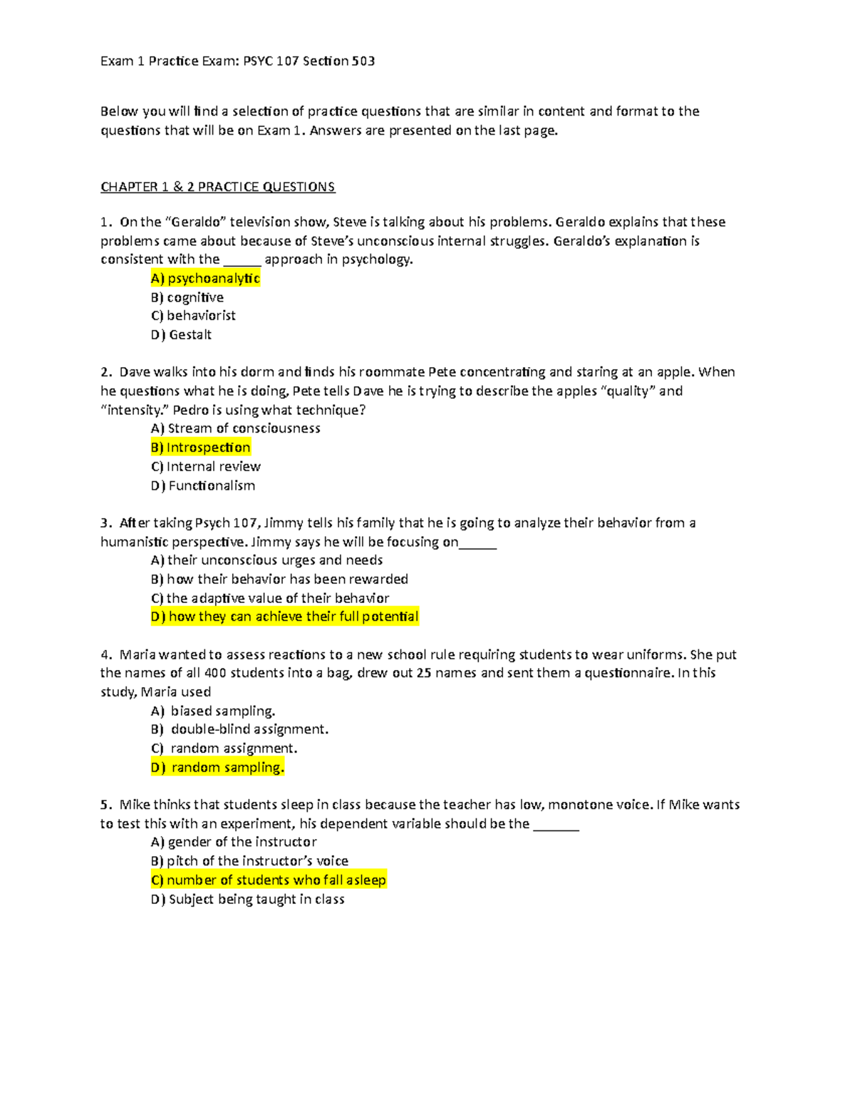 Practice Questions for Exam 1 - PSYC 107 (Chapters 1-9) - Studocu
