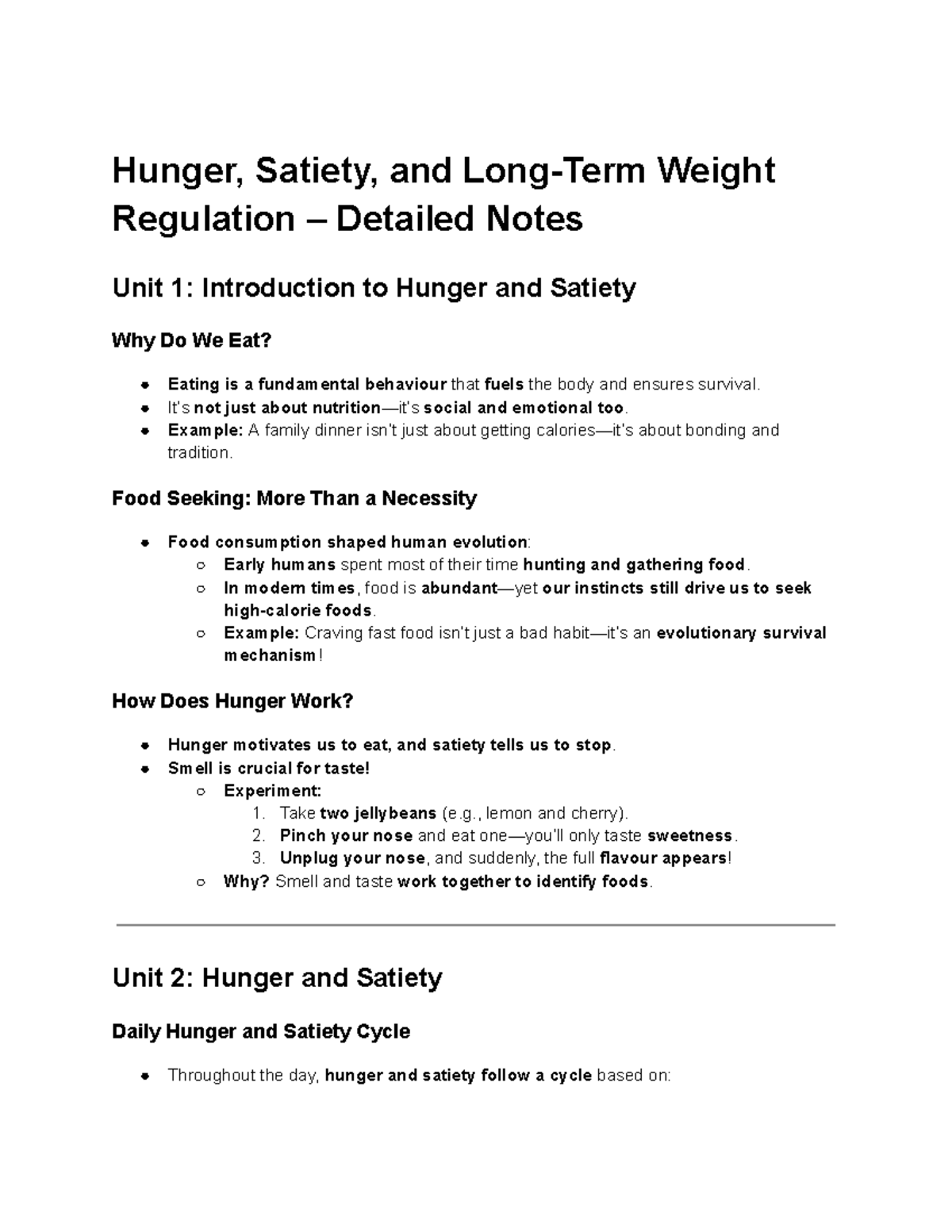 Hunger and Satiety: Detailed Notes for Unit 1 - Introduction to Eating ...
