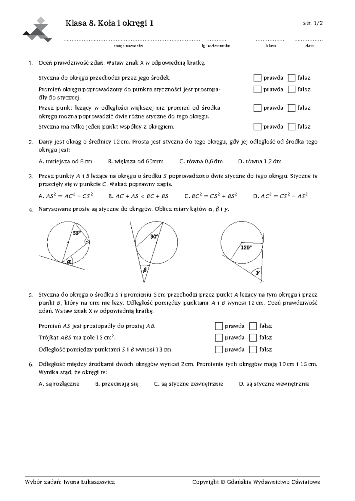 Wielokąty Koła I Okręgi Sprawdzian