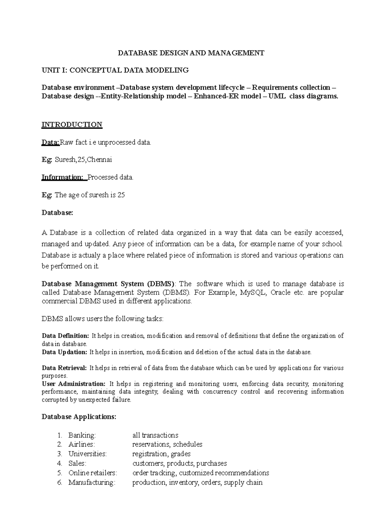 DDM Unit-1 - DATABASE DESIGN AND MANAGEMENT UNIT I: CONCEPTUAL DATA ...