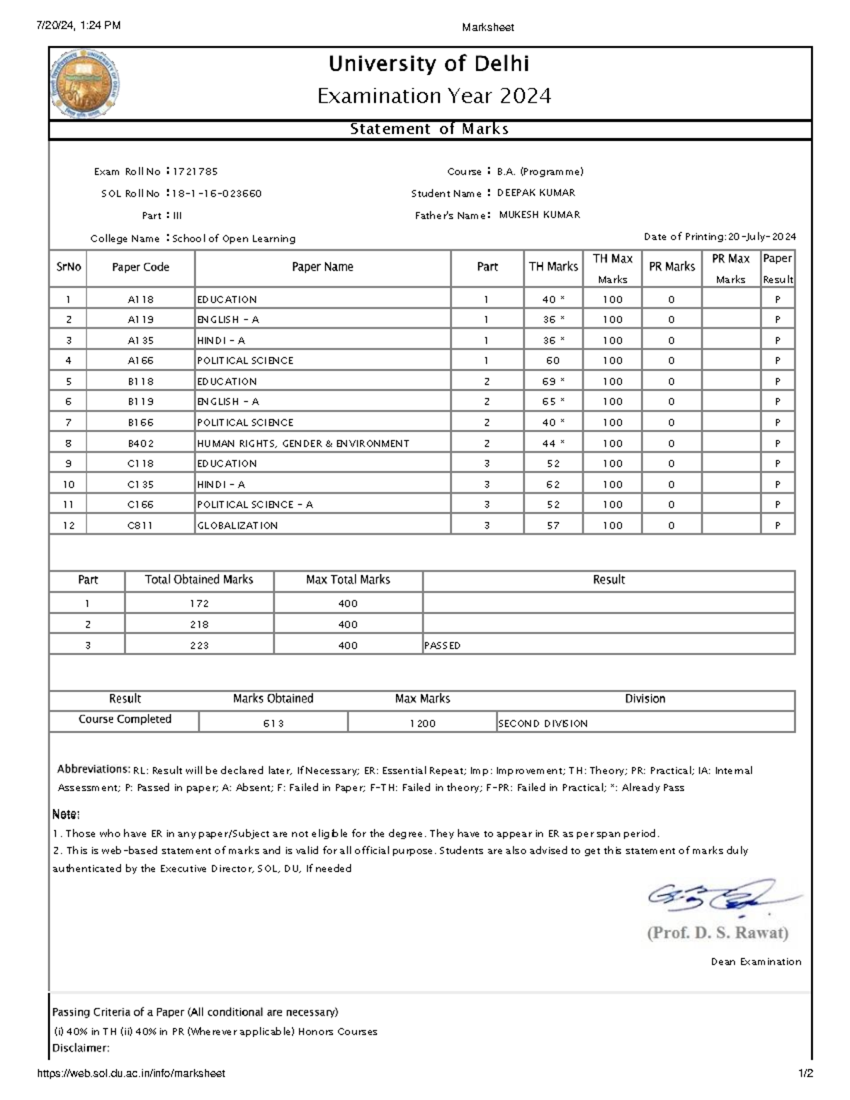 B.A. (Programme) 2024 Marksheet - Deepak Kumar & Mukesh Kumar - Studocu
