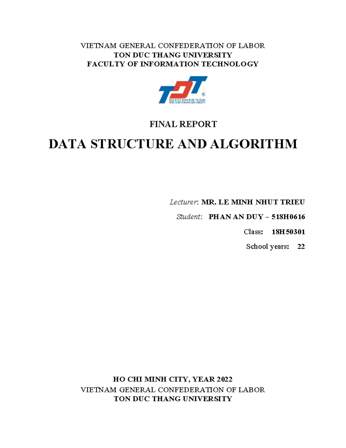 Final Report on Data Structure and Algorithm (18H50301) - Studocu