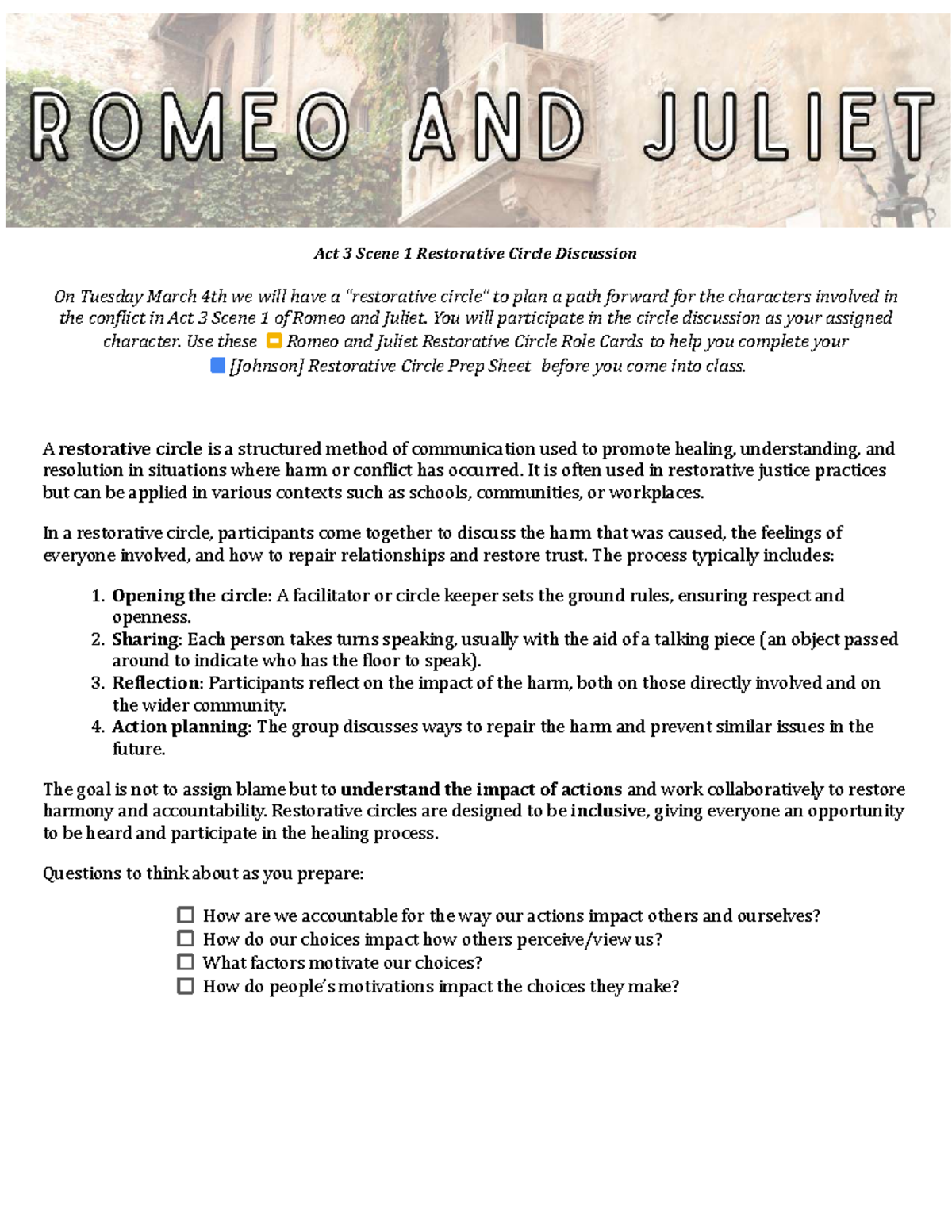 Act 3 Scene 1 Restorative Circle Activity for Romeo and Juliet - Studocu