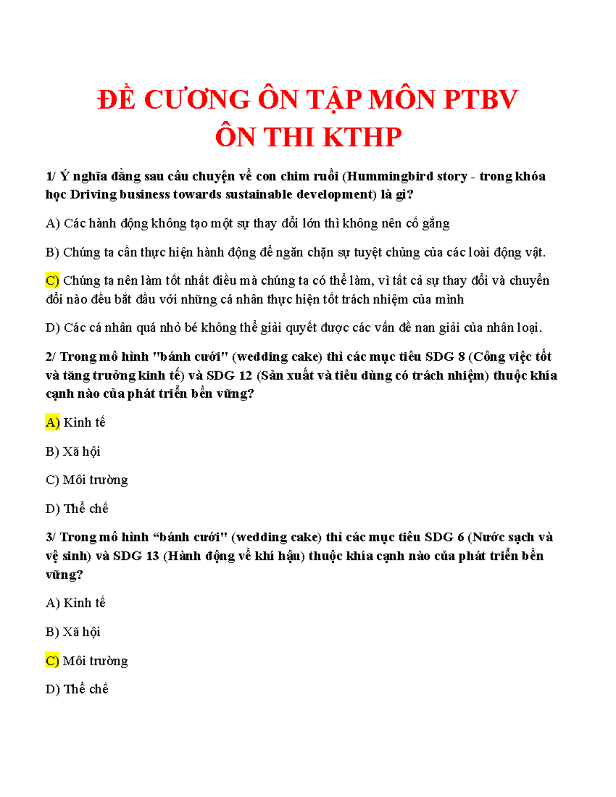 ÔN TẬP - CÓ ĐÁP ÁN MÔN PTBV TRONG KTHP PHÁT TRIỂN BỀN VỮNG - Document Preview
