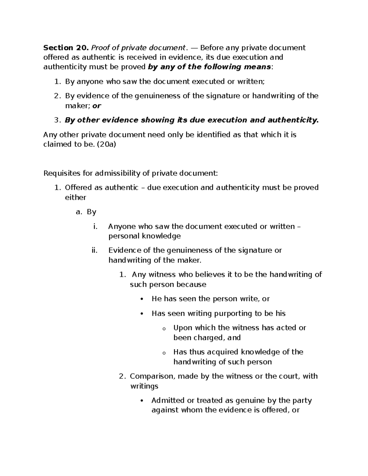 Rule 132 Sec 20 - Proof and Admissibility of Private Documents - Studocu