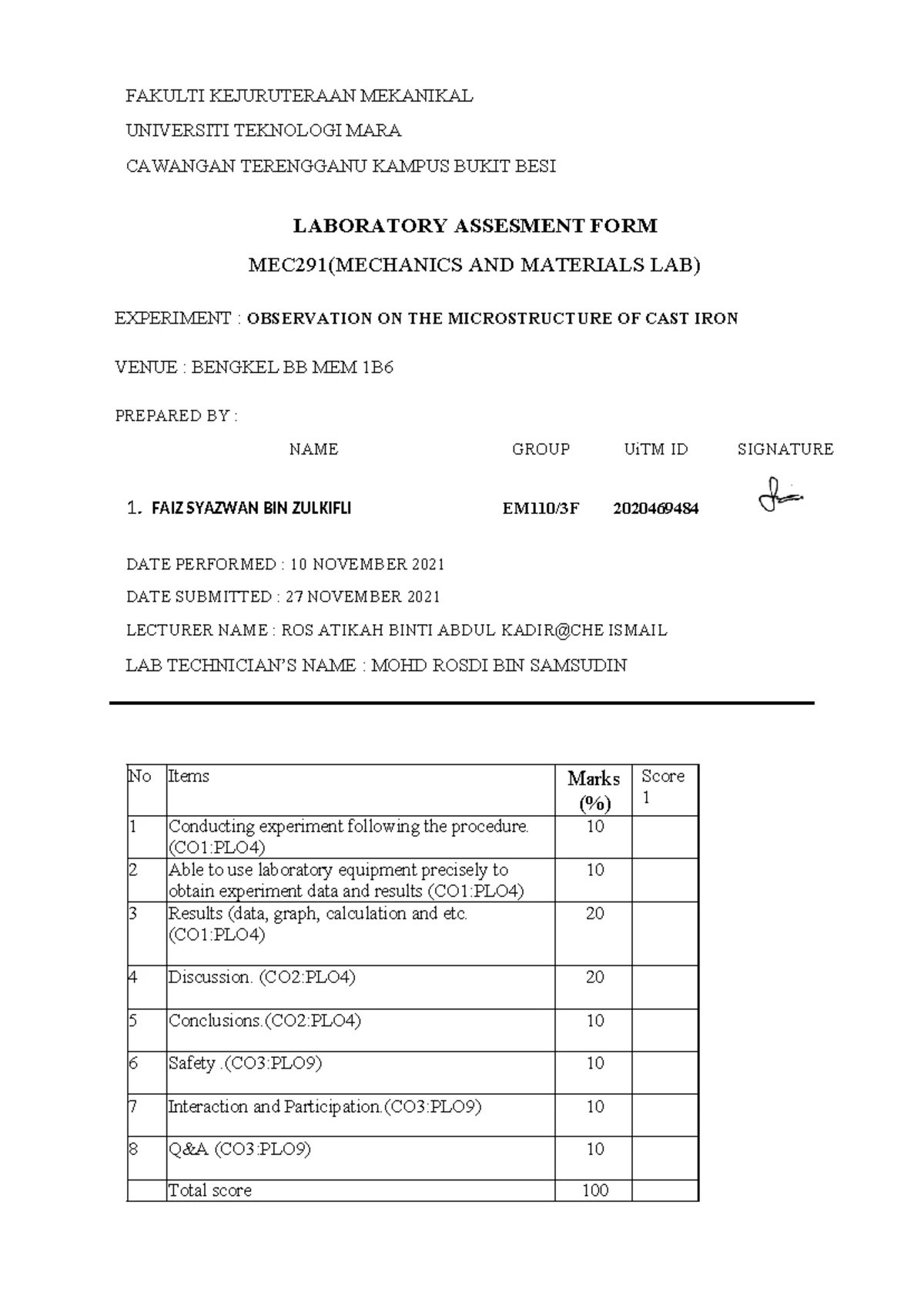 MEC291 Hardness Test Laboratory Assessment Report - Studocu