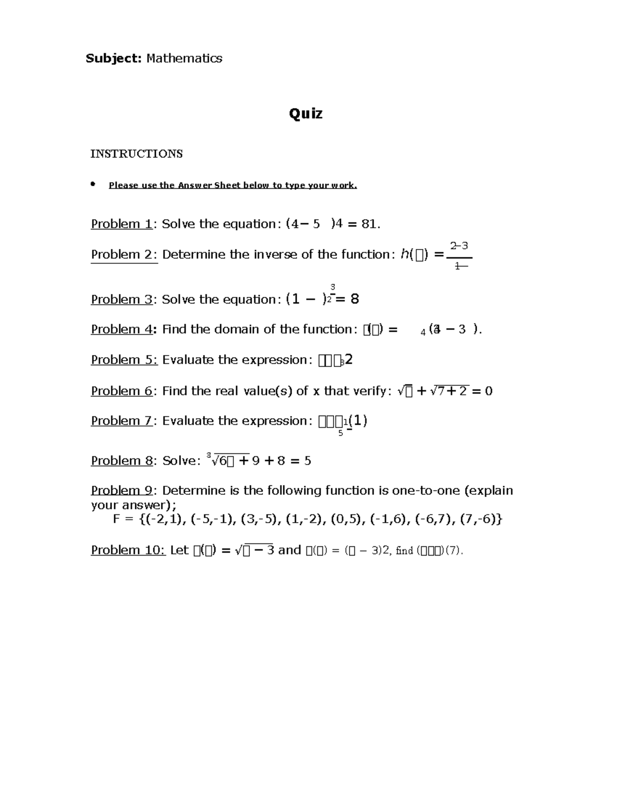 Mathematics test for beginners - Subject: Mathematics Quiz INSTRUCTIONS ...