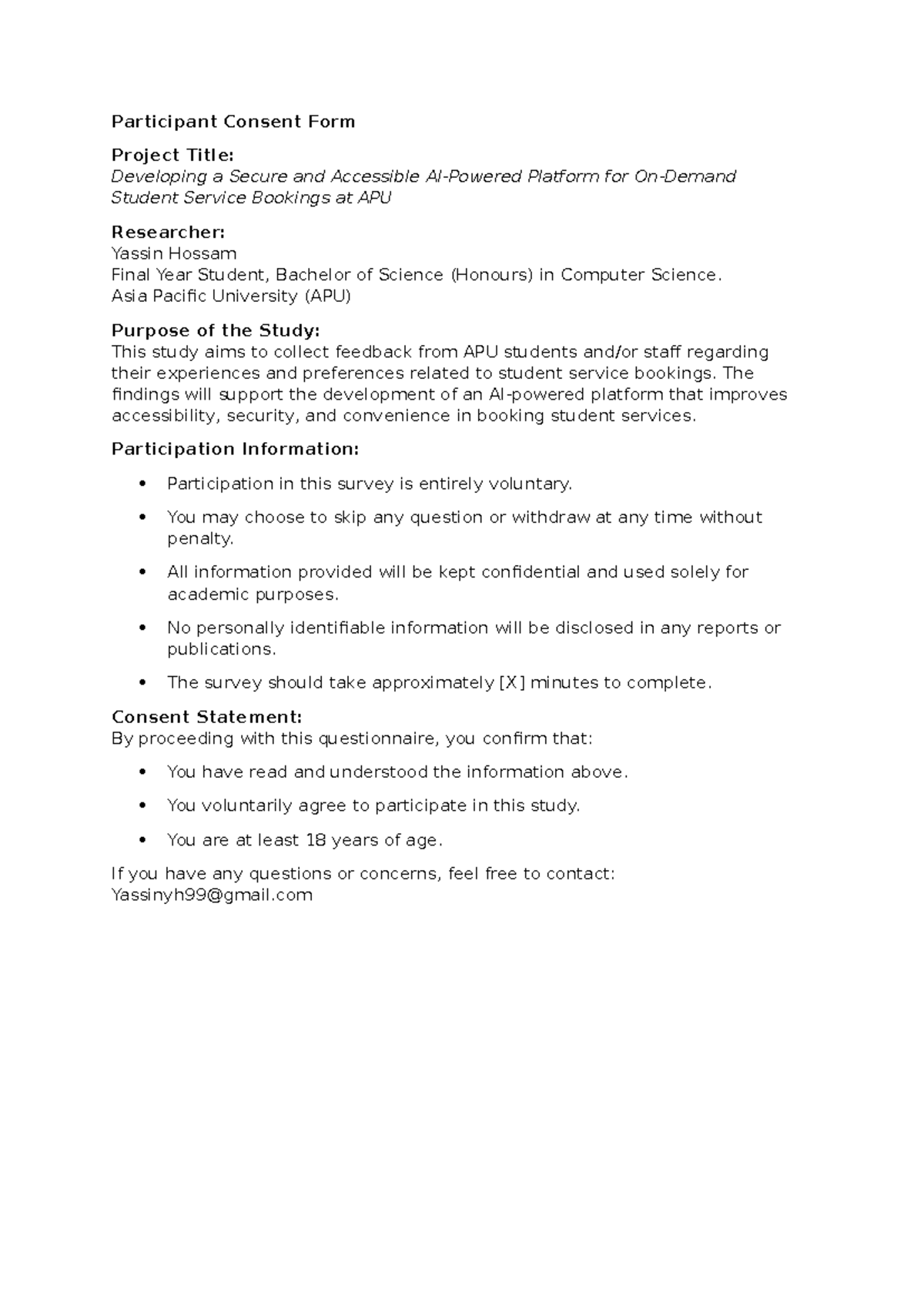 Participant Consent Form: APU Student Service Booking Study - Studocu