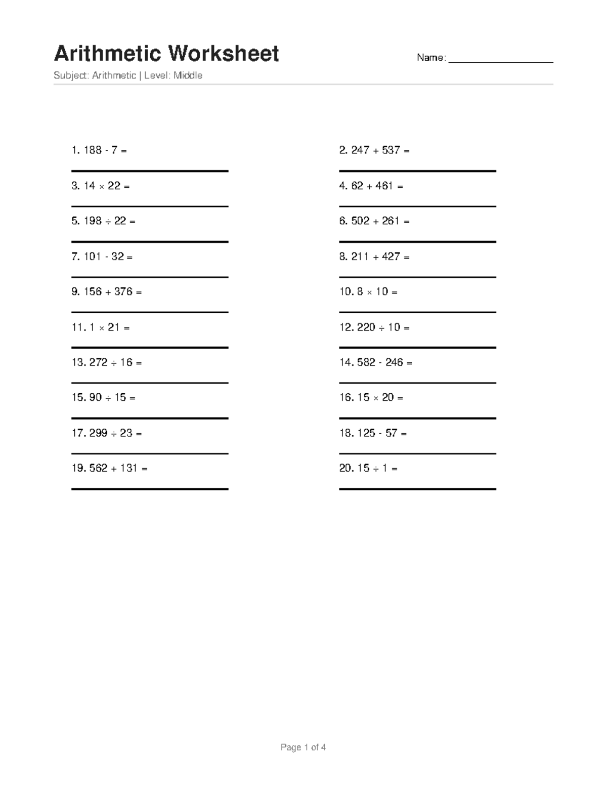 Arithmetic Worksheet Level: Middle - Practice Problems & Answers - Studocu