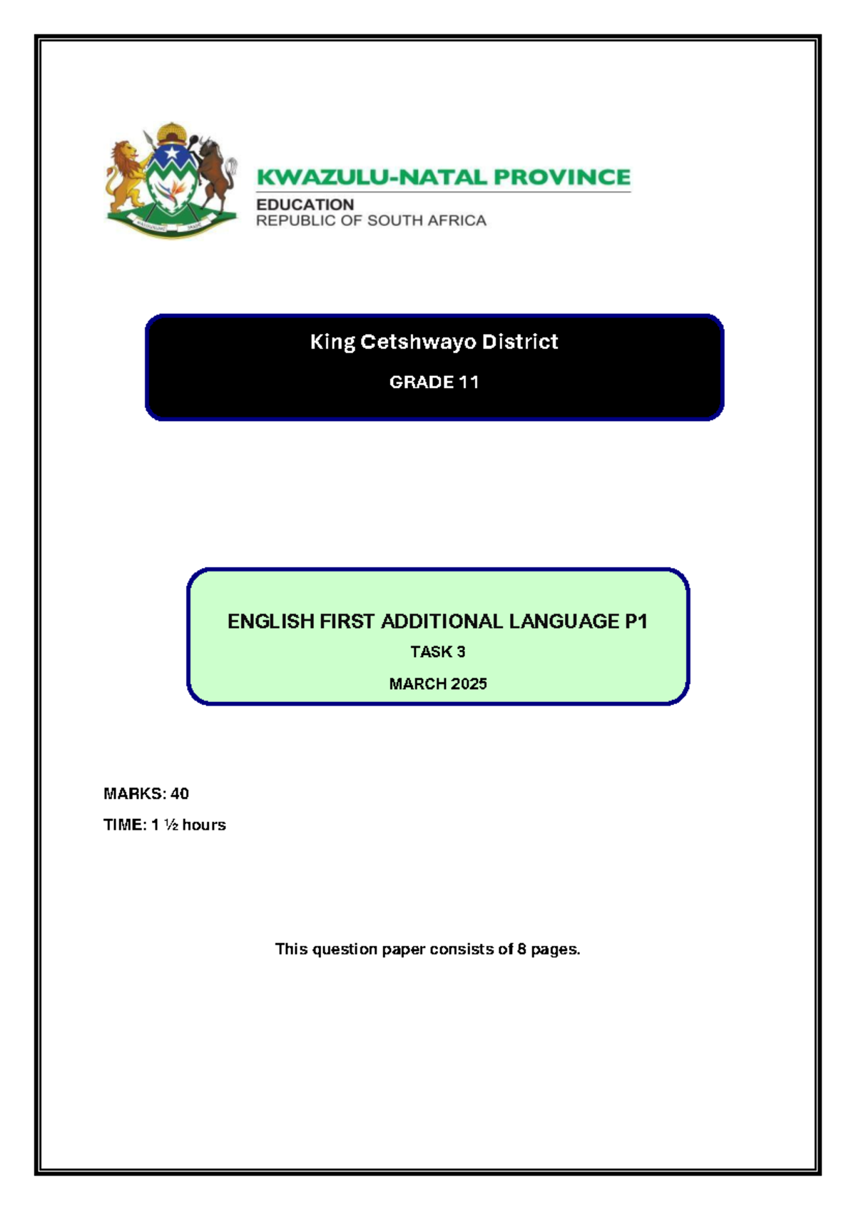 Grade 11 English FAL Task 3: Comprehension & Language Skills 2025 - Studocu