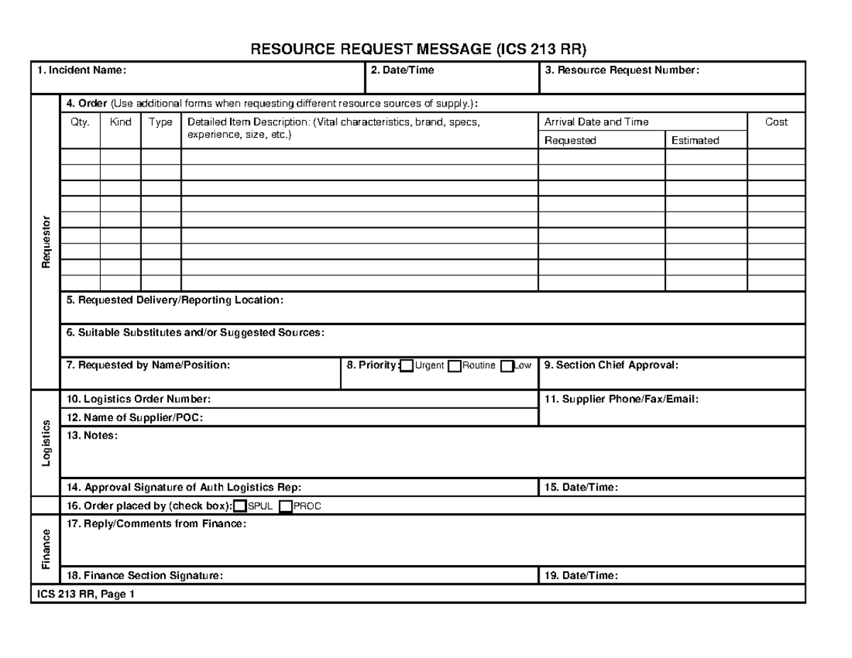 ICS 213 RR Resource Request Form Guide - Studocu