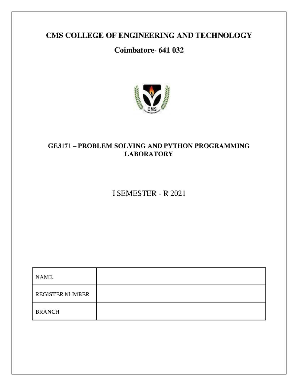GE3171 - Problem Solving & Python Programming Lab Record (I Sem) - Studocu