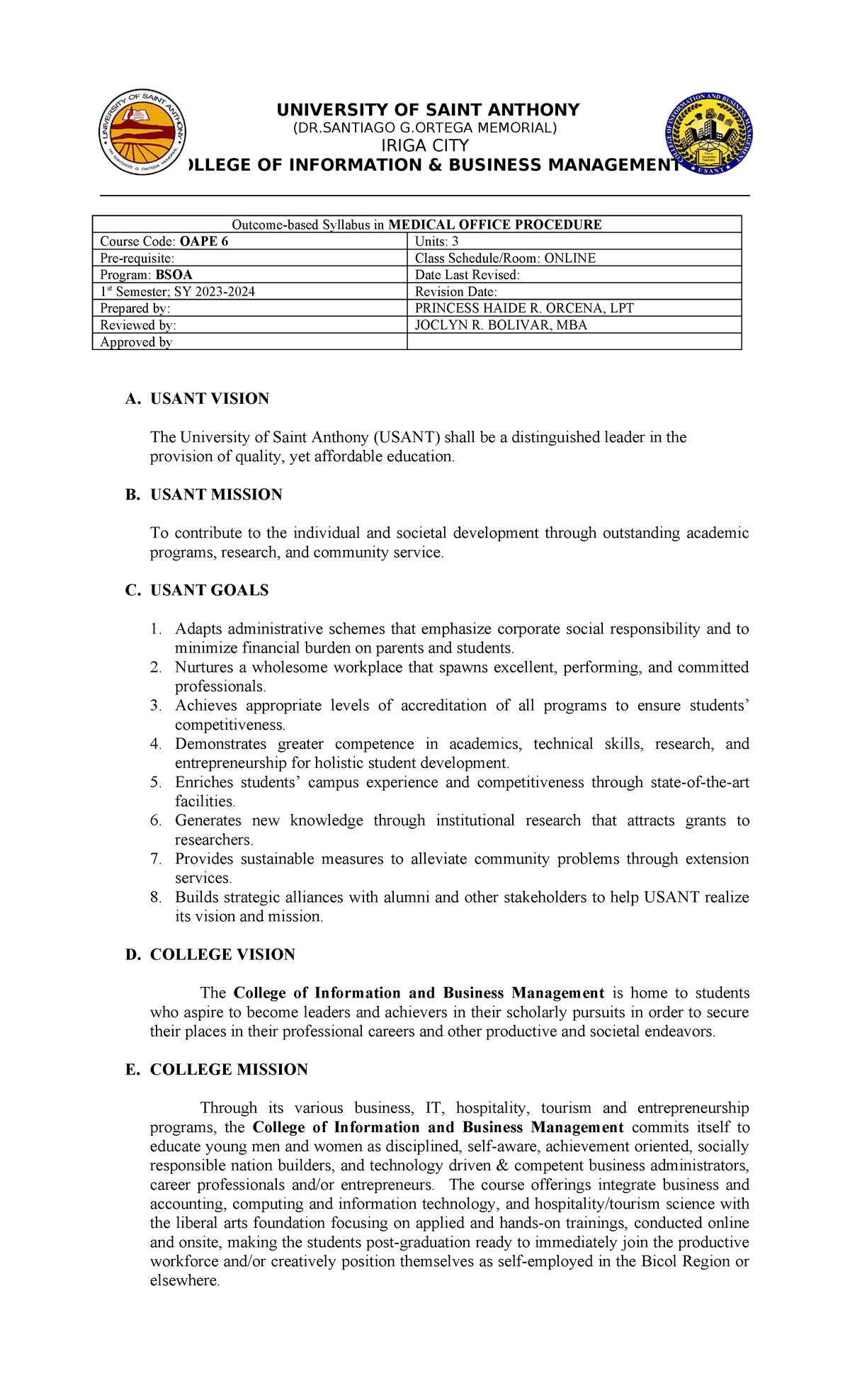OAPE 6 - Syllabus for Medical Office Procedure Course - Studocu