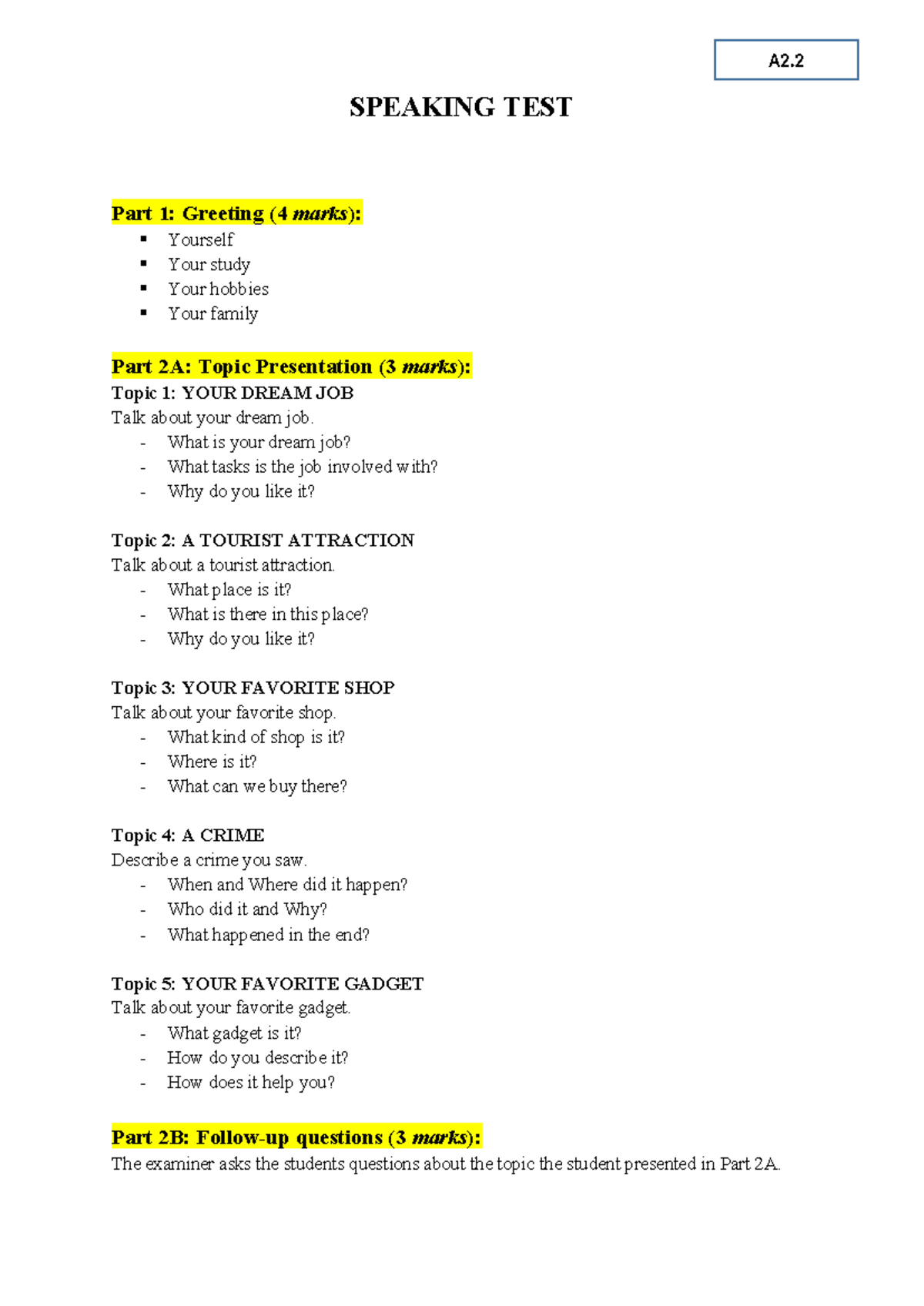A2.2- Speaking TEST-5.2023 - SPEAKING TEST Part 1: Greeting ( 4 marks ...