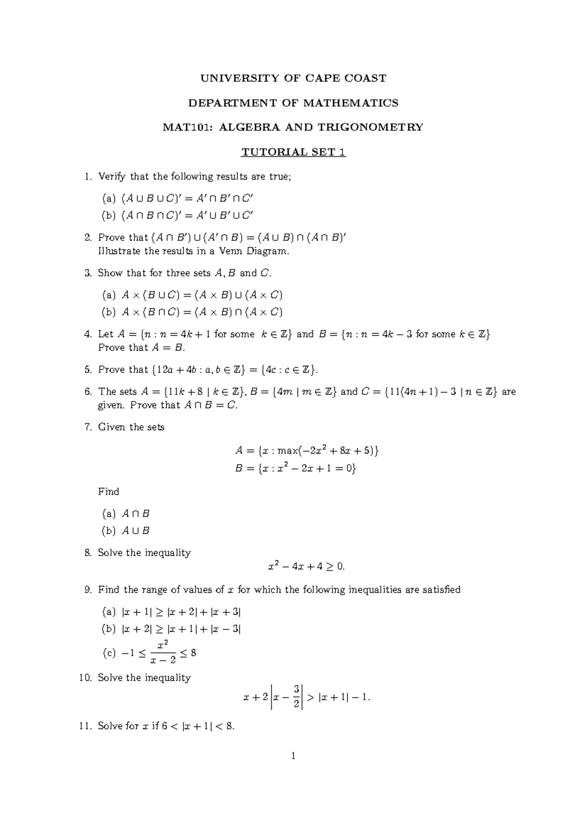 MAT101: Algebra and Trigonometry Tutorial Set 1 Solutions - Studocu