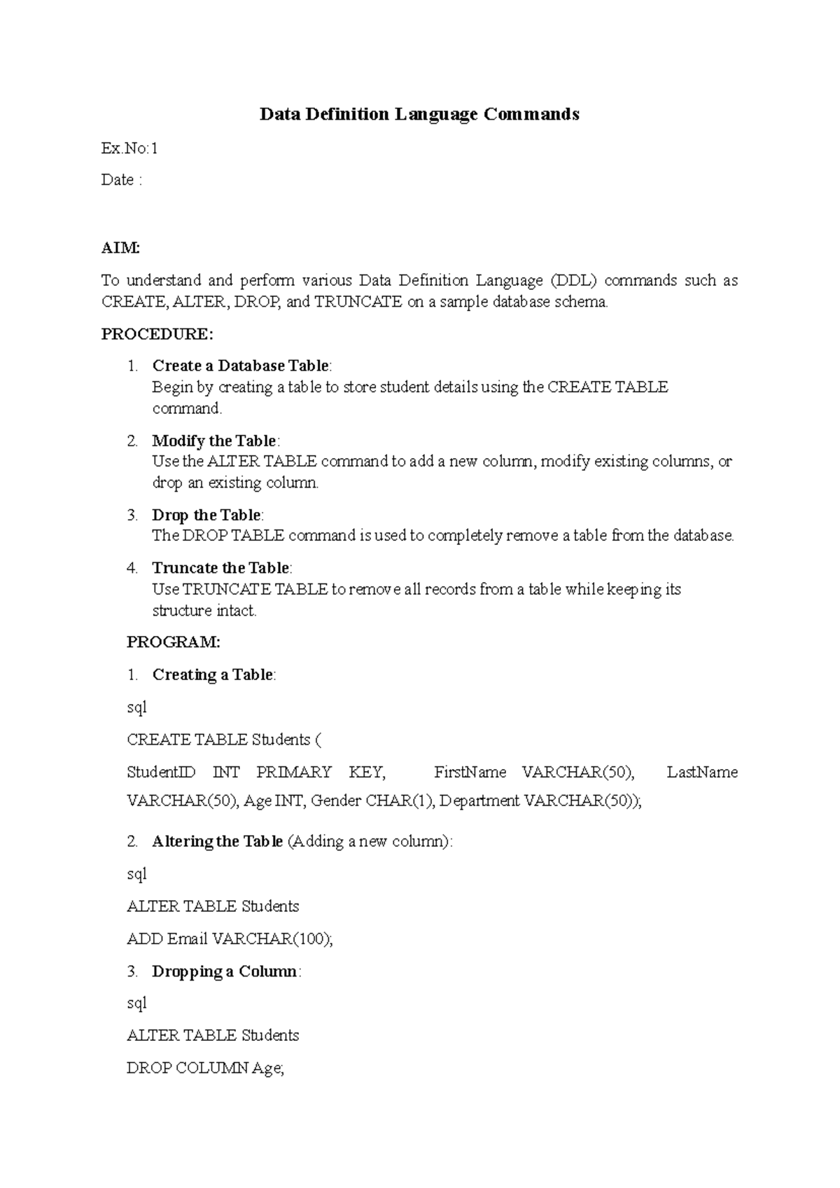 DBMS Lab Exercises 1-5: DDL, DML, DCL, and Set Operations USA24302 ...