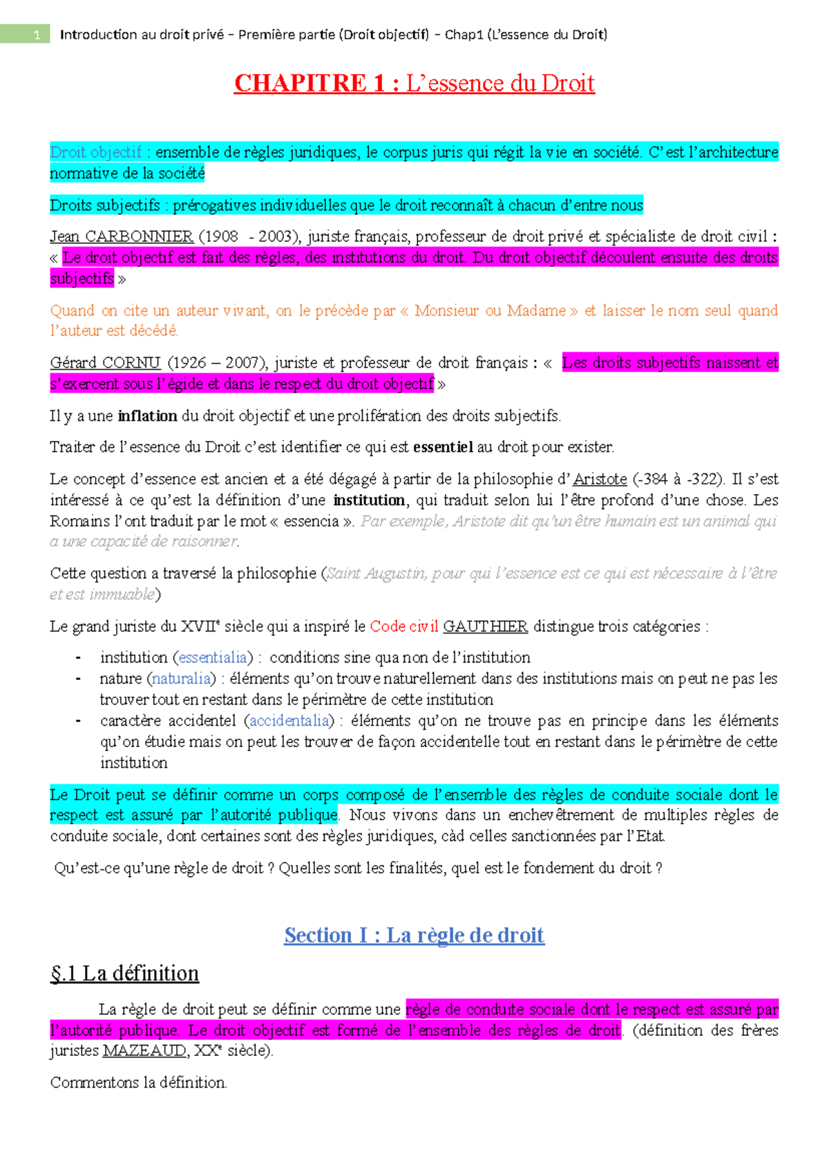 Chapitre 1 : L'Essence du Droit - Note de Cours Droit 101 - Studocu