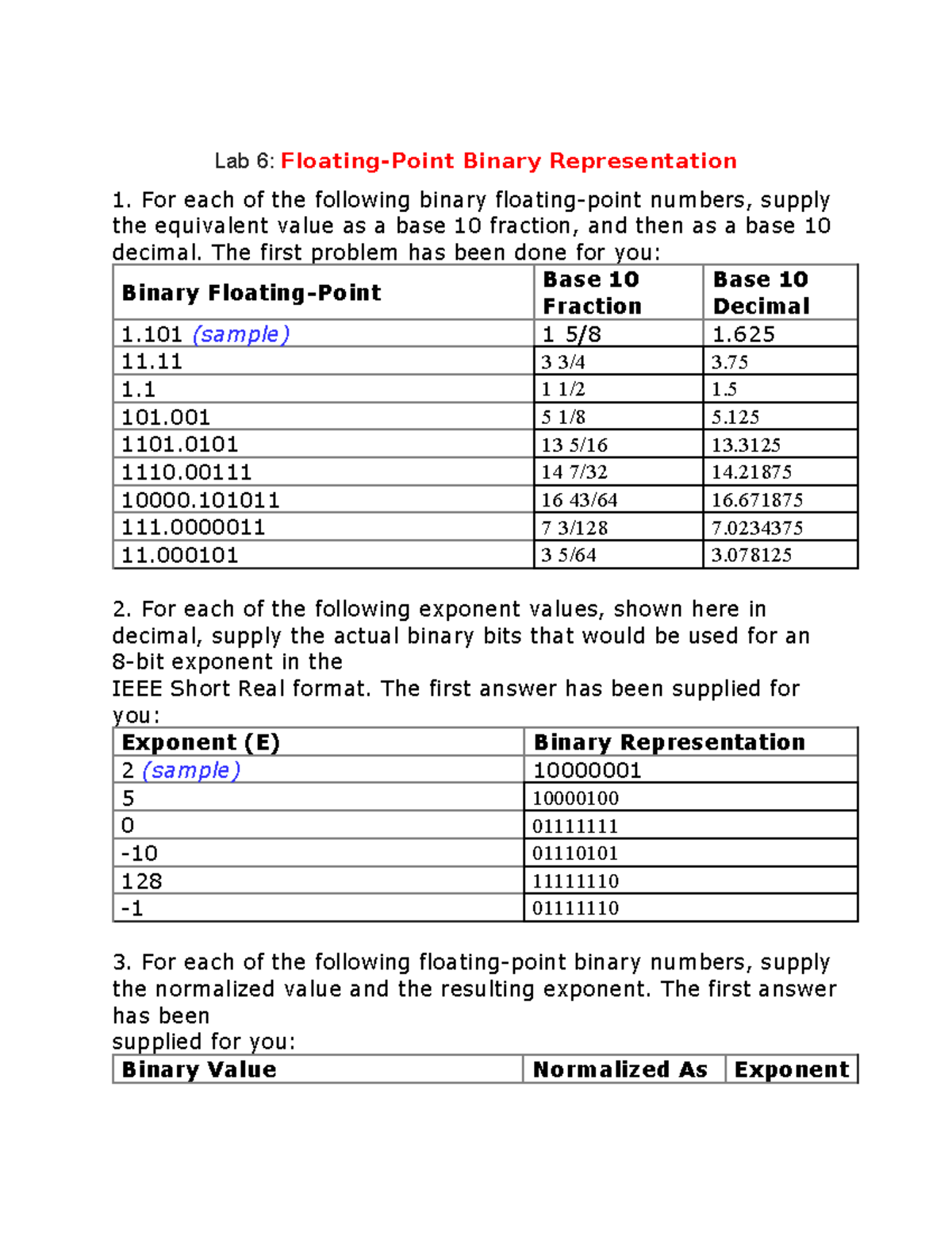 Lab 6 - Floating-Point Binary Representation Analysis - Studocu
