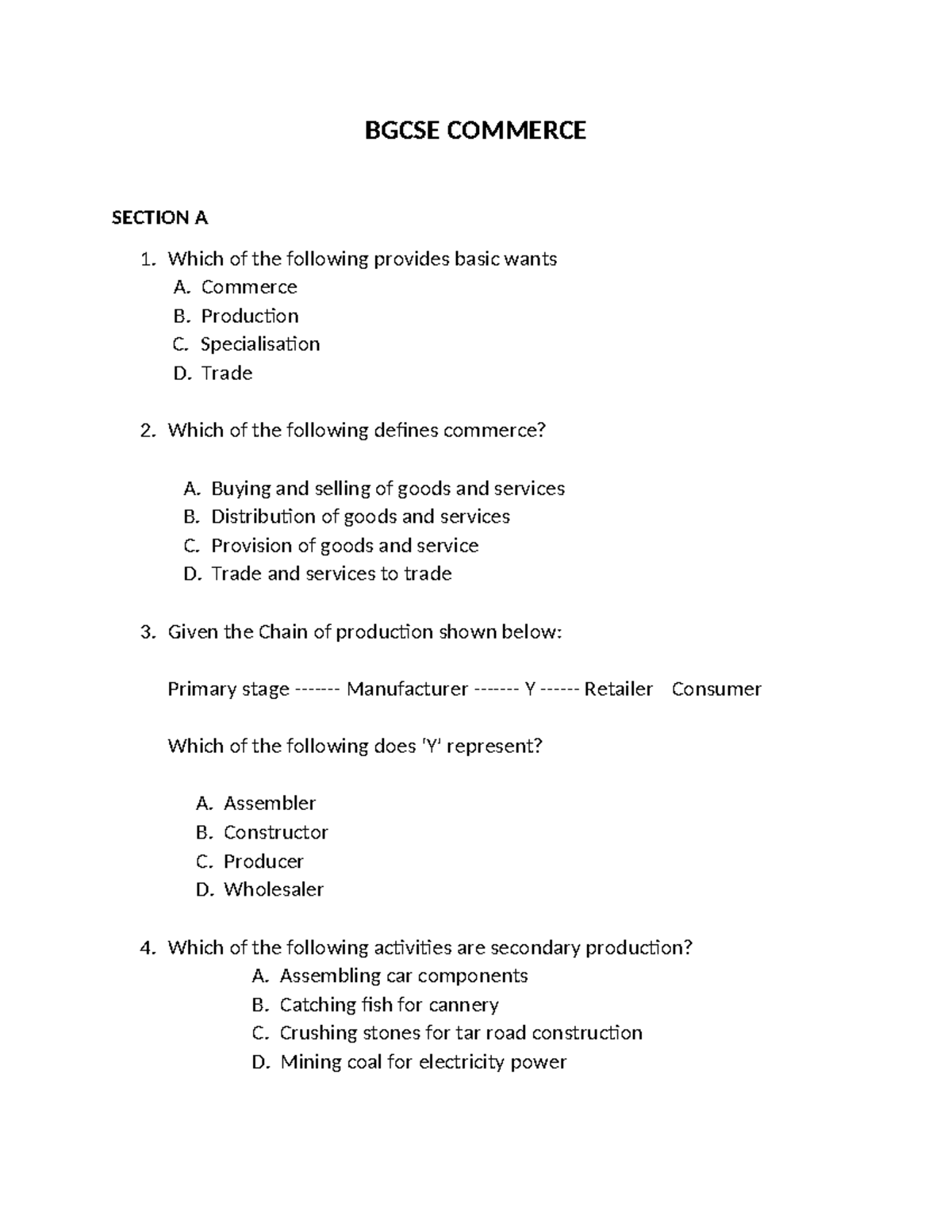 BGCSE Commerce Quiz: Understanding Basic Concepts and Production - Studocu