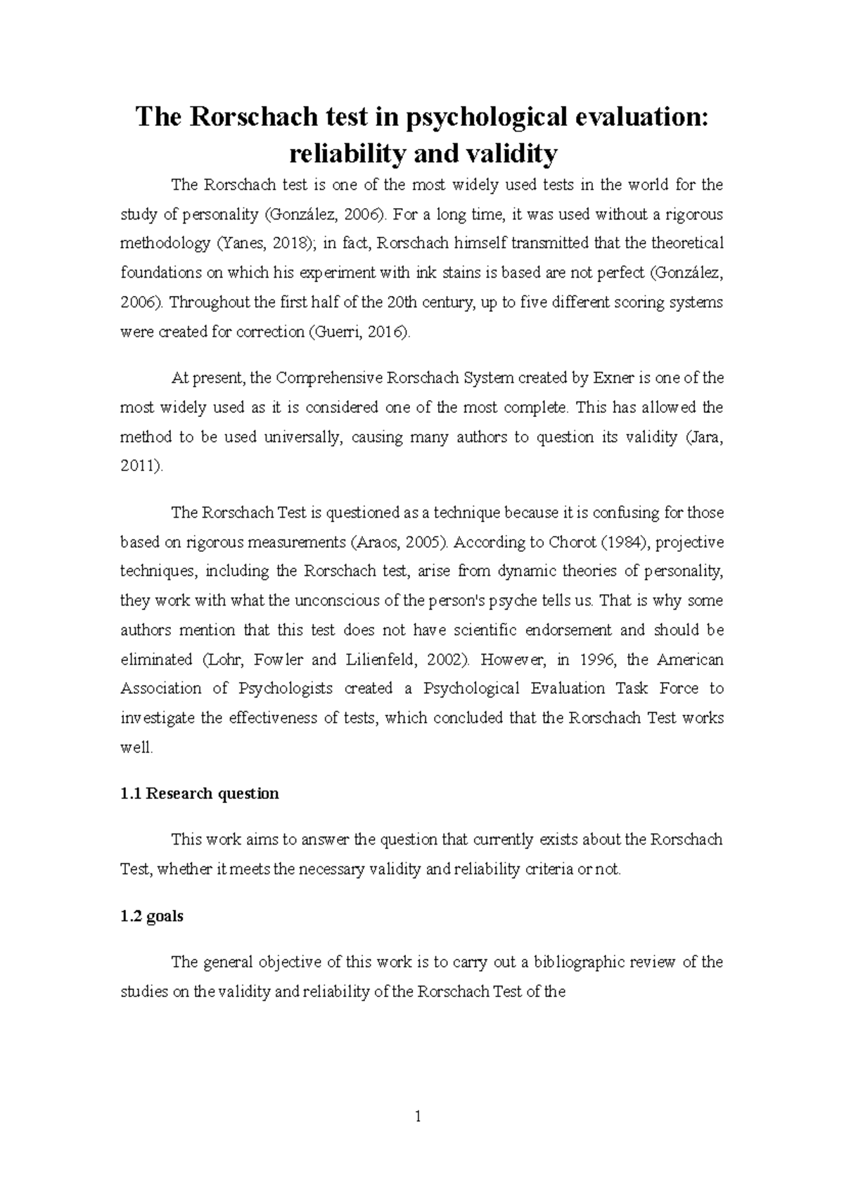 The Rorschach test in psychological evaluation reliability and validity ...