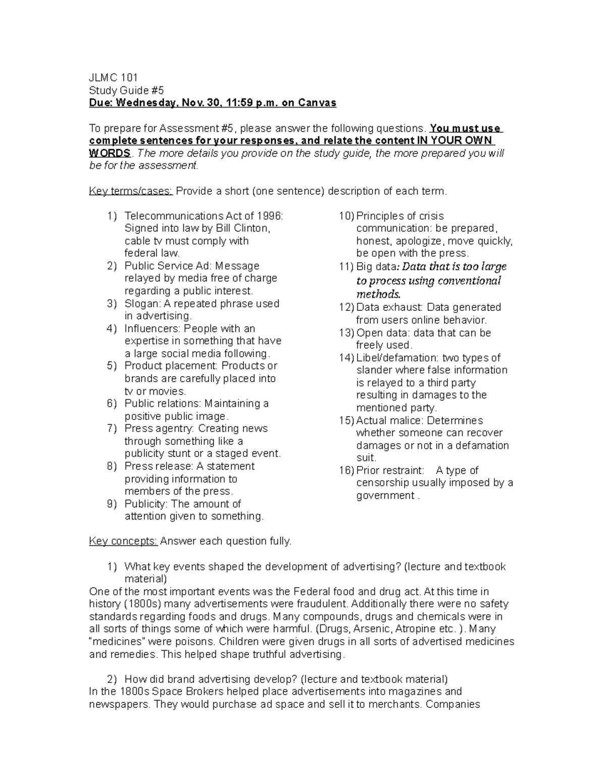 Updated 101 study guide 5 - fall 22 - JLMC 101 Study Guide # Due ...