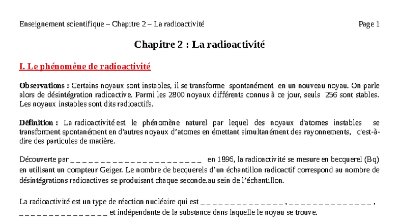Enseignement scientifique Chapitre 2 : La radioactivité et ses ...