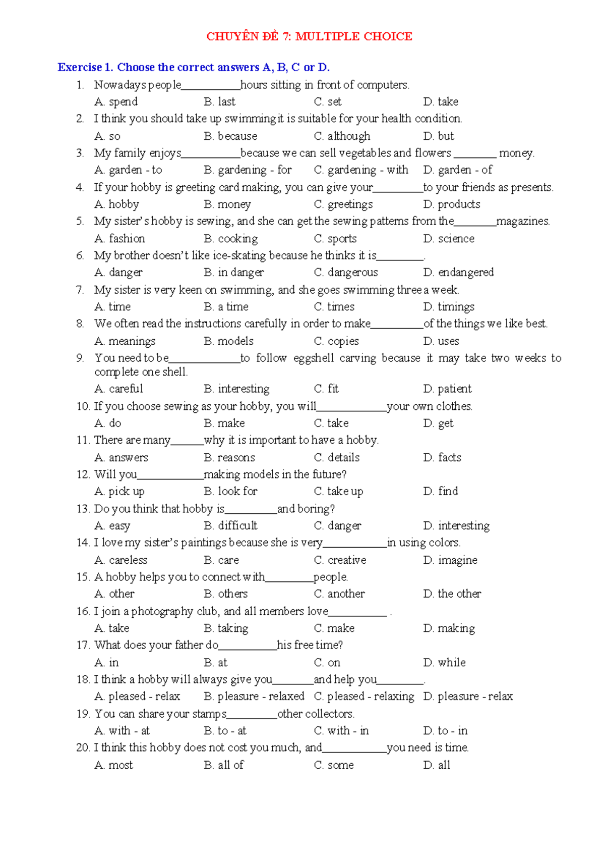 CHUYÊN ĐỀ 7: MULTIPLE CHOICE Exercises for Language Practice - Studocu