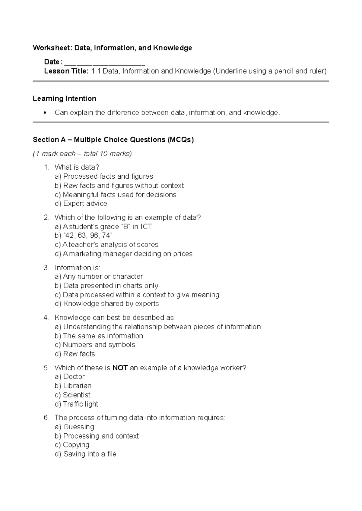 1.1 Worksheet: Understanding Data, Information, and Knowledge - Studocu