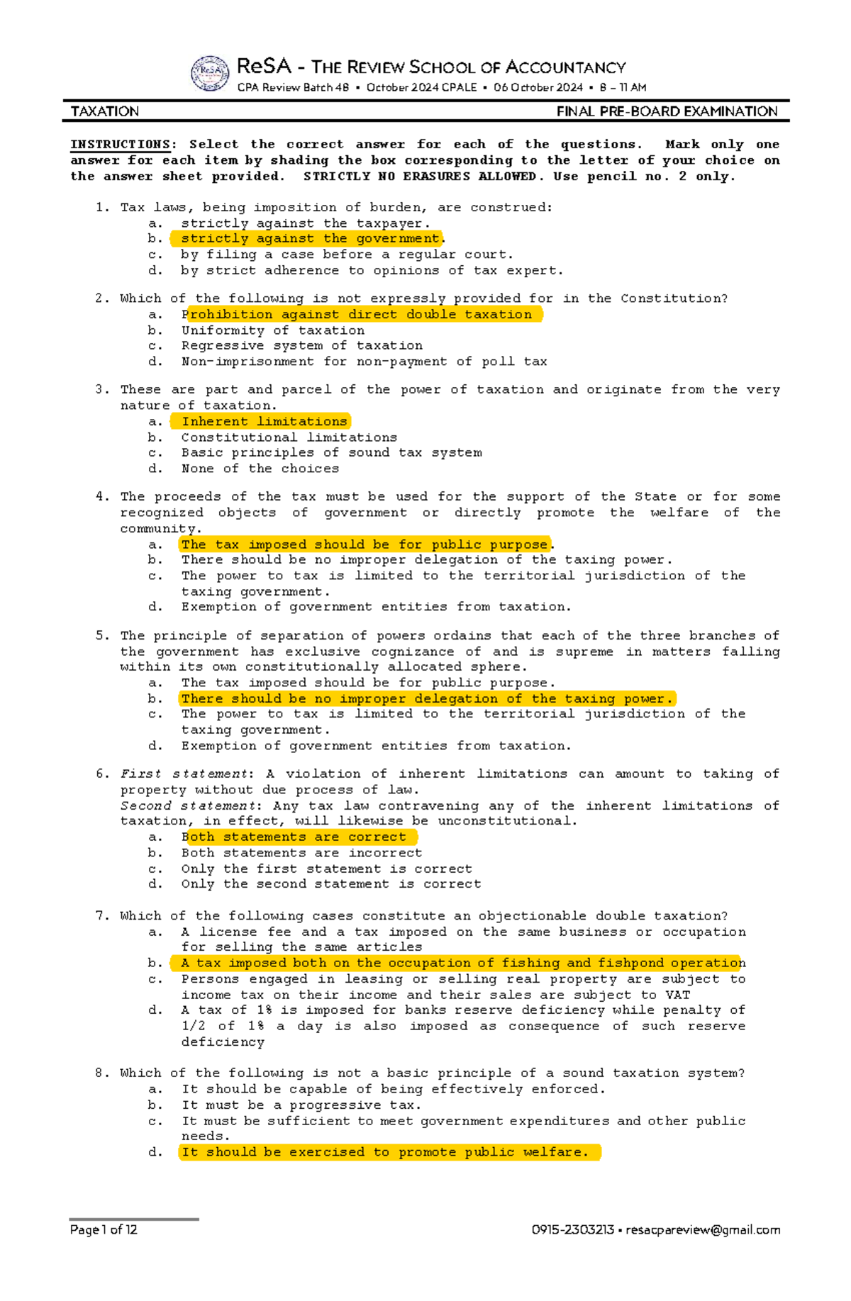 TAX 06: Final Exam Review Answers for ReSA Batch 48 - October 2024 - Studocu