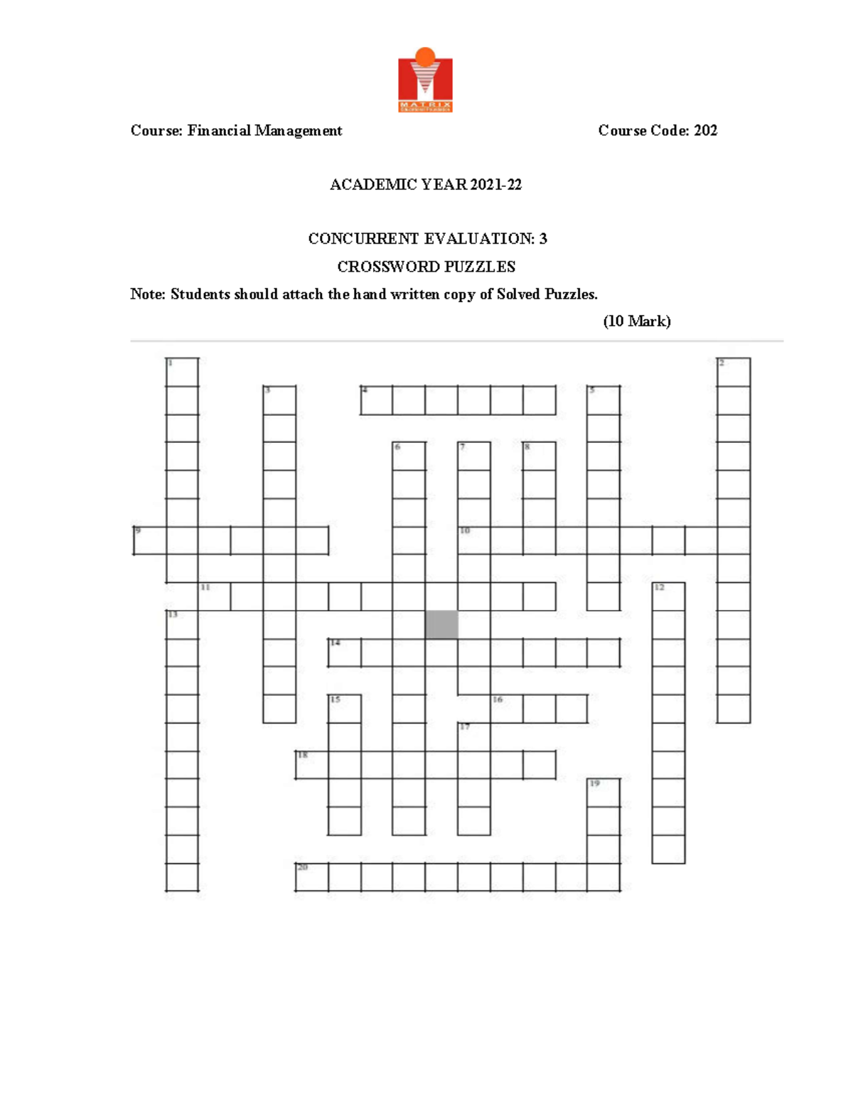 202 GC-08 Financial Management CCE 3: Crossword Puzzle Challenge - Studocu