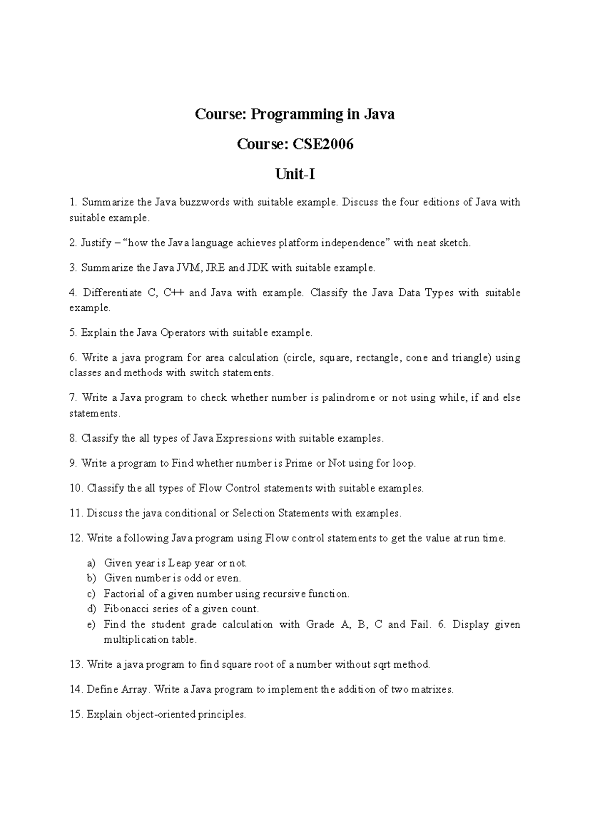 CSE2006 Java Programming: Comprehensive Exam Practice Questions - Studocu