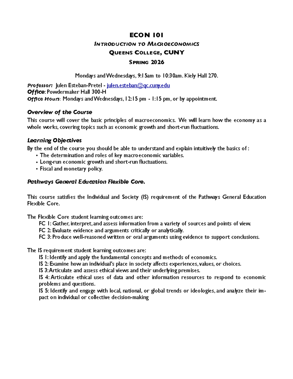 QC ECON 101 Introduction to Macroeconomics Syllabus Spring 2026 - Studocu