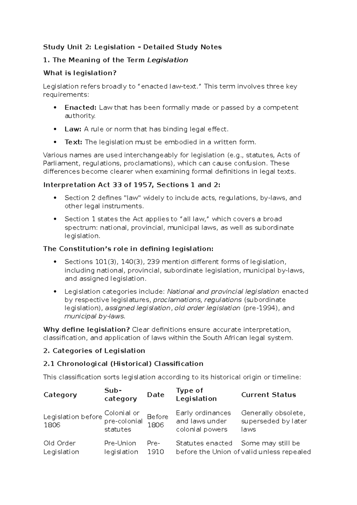 Study Unit 2: Detailed Notes on Legislation and Its Categories - Studocu