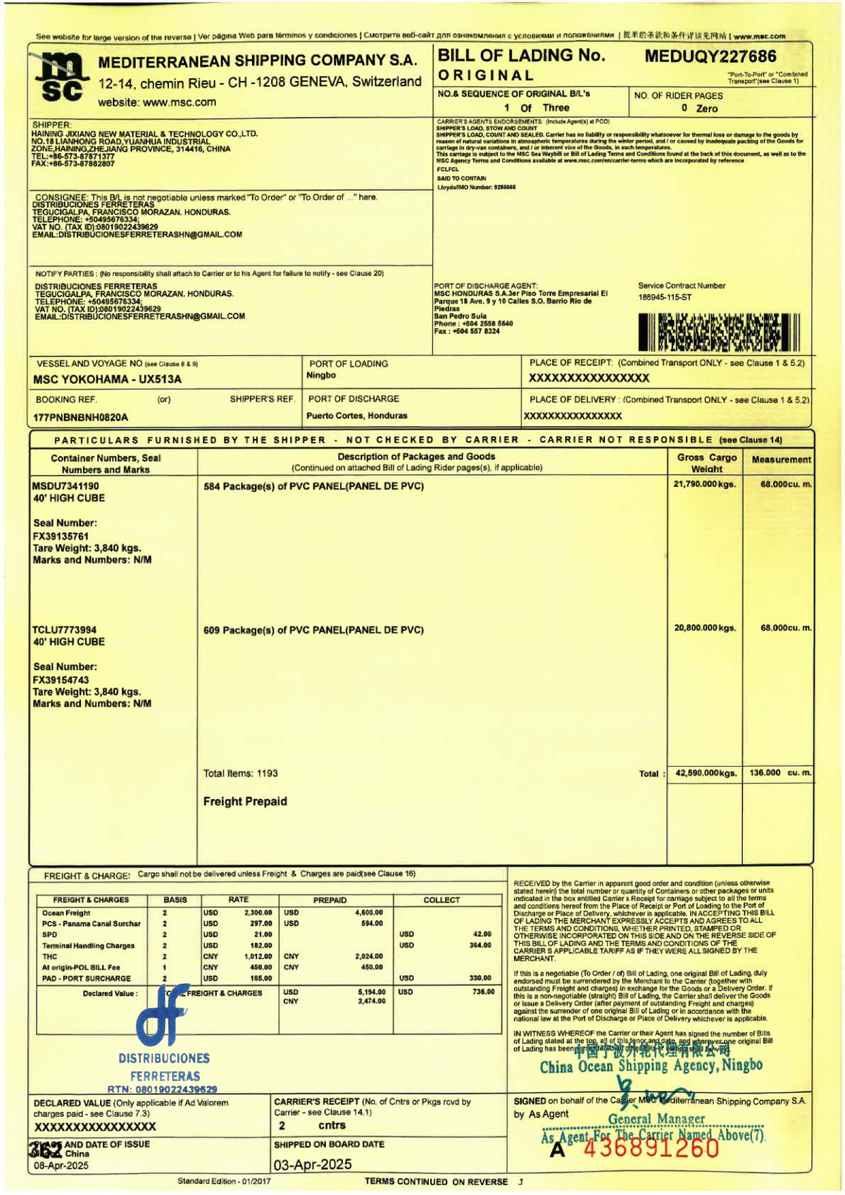 MSC Bill of Lading No. MEDUQY227686 - Shipping Details and Terms - Studocu