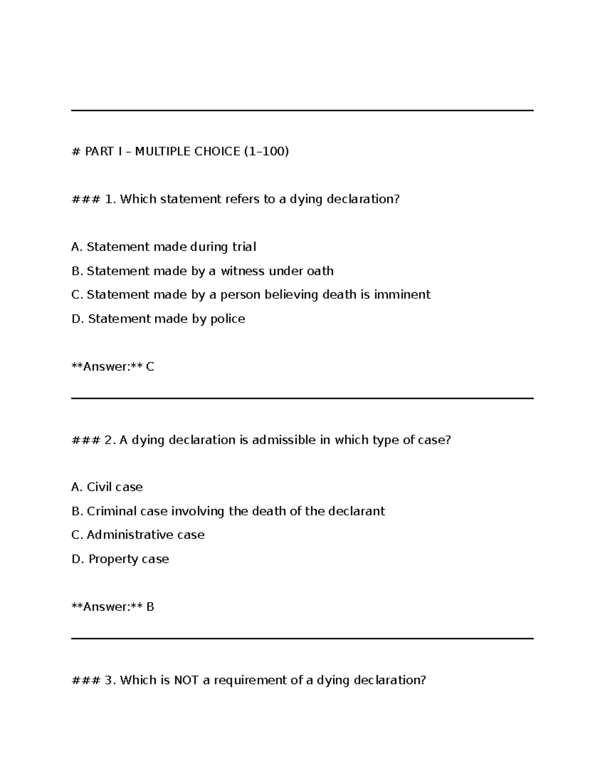 200 MC Questions on Hearsay - Notes for Law 165 - Studocu