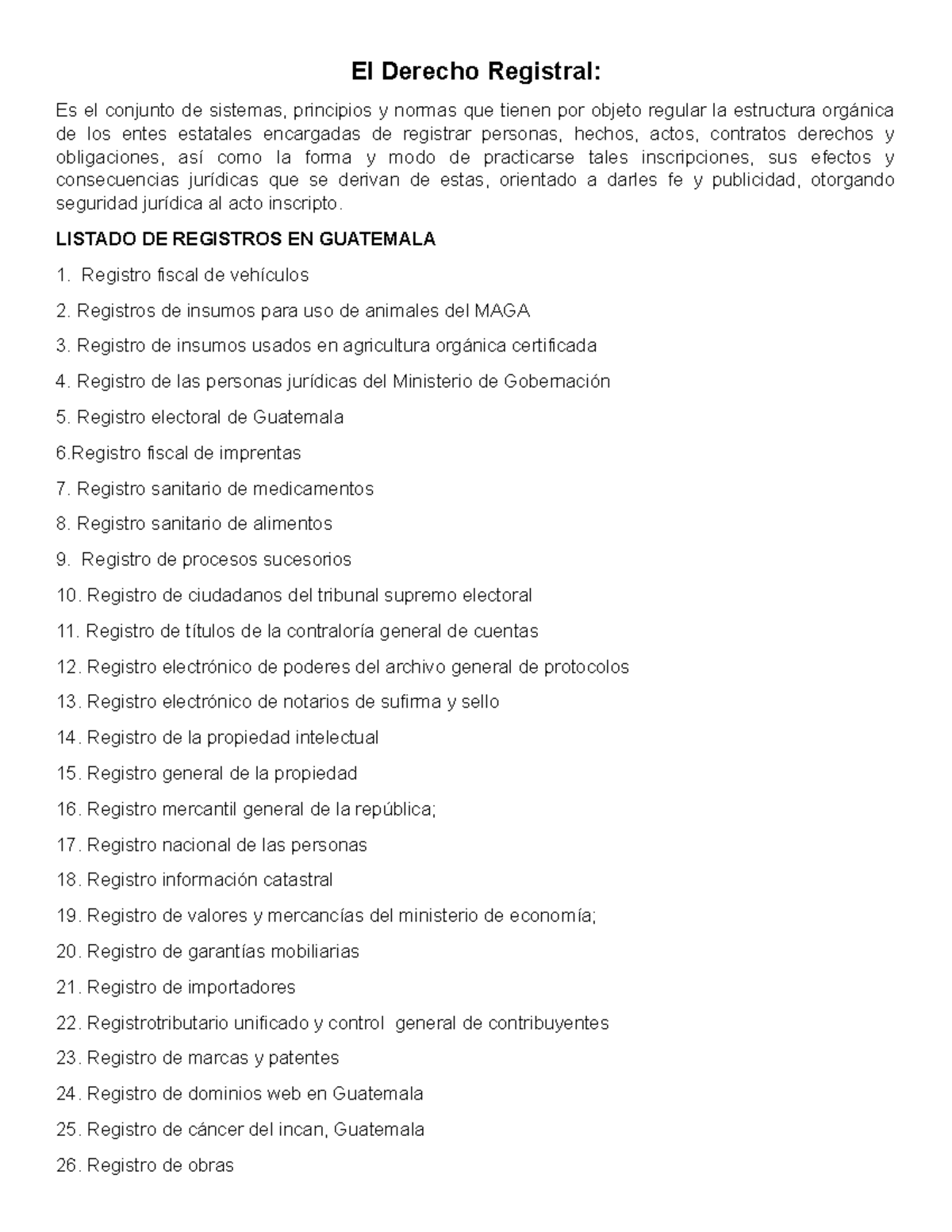 Derecho Registral y Listado de Registros Públicos en Guatemala - Document Preview
