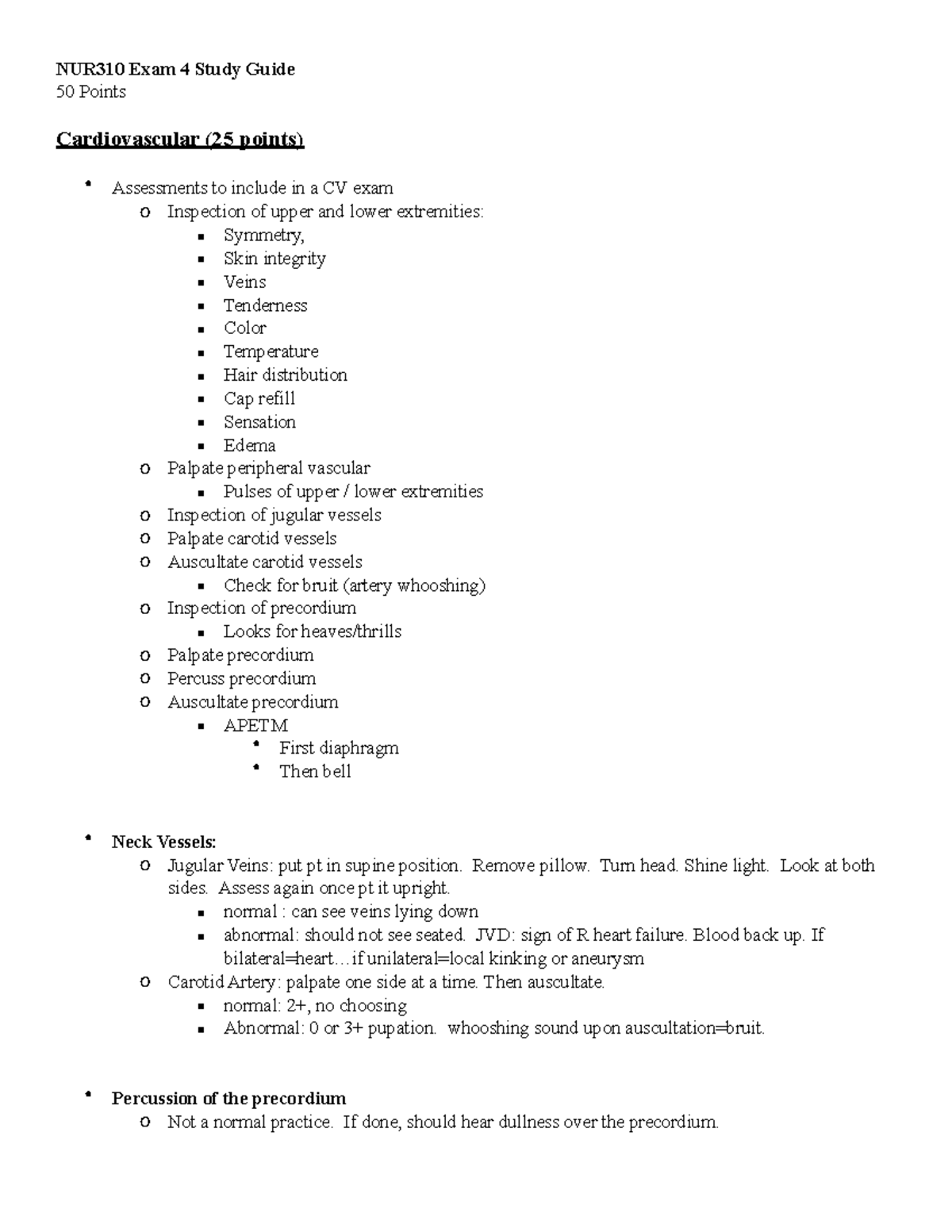 NUR310 Exam 4 Cardiovascular Study Guide for Nursing Students - Studocu