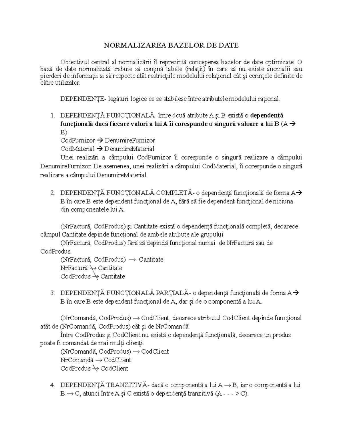 Normalizarea Bazelor de Date: Formele Normale și Dependențe FN - Studocu