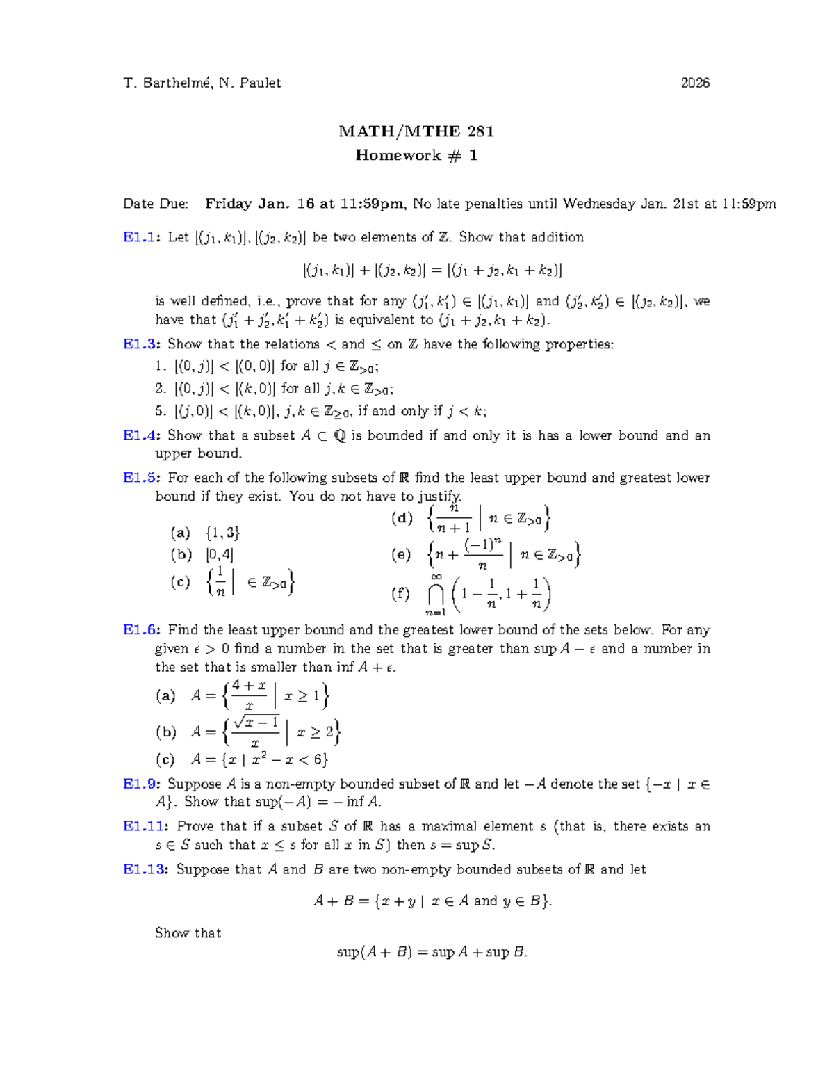 W26 Homework 1: Properties of Addition and Bounds in Z and R - Studocu