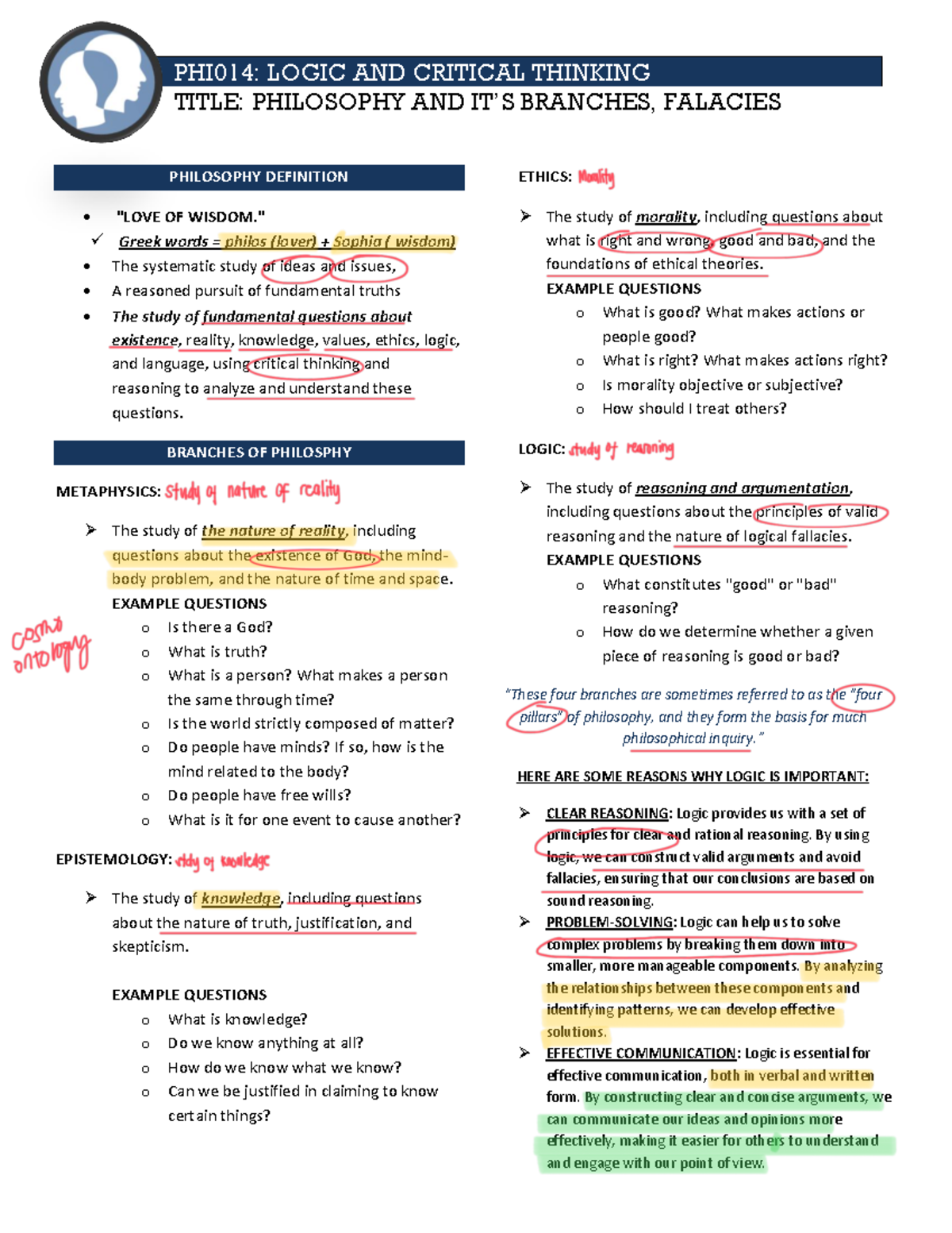 PHI014: Logic and Critical Thinking - Lecture Notes Review - Studocu