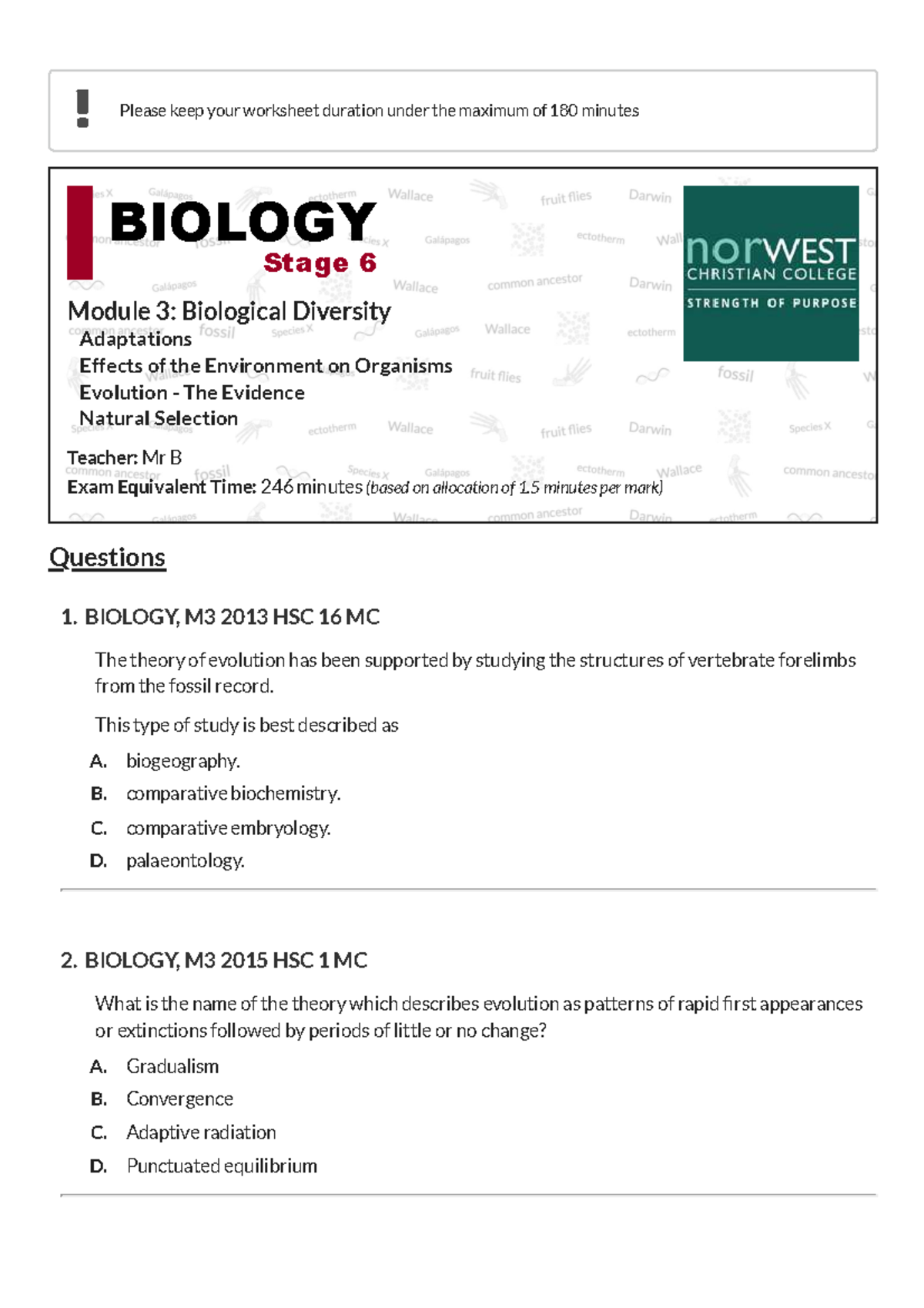 BIOLOGY M3: Past Exam Papers on Evolution and Adaptations - Studocu