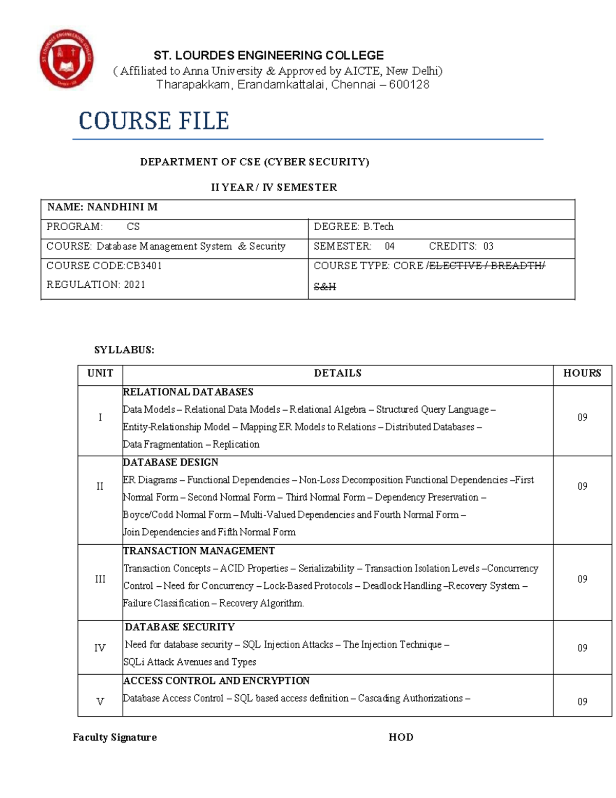 Database Management System Security Course File - CB3401 - Studocu