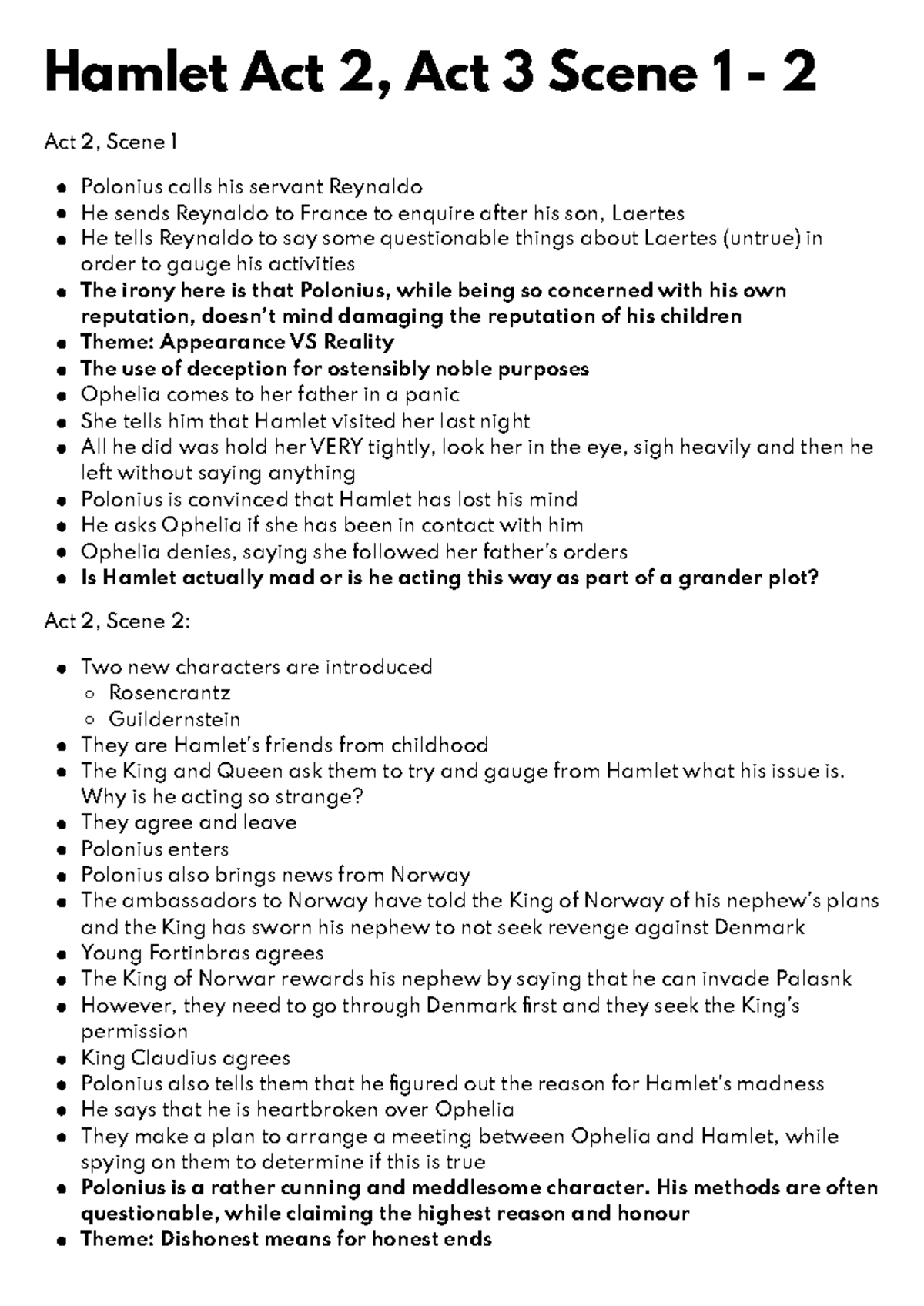 Hamlet Act 2 & 3 Analysis: Themes of Deception & Madness - Studocu